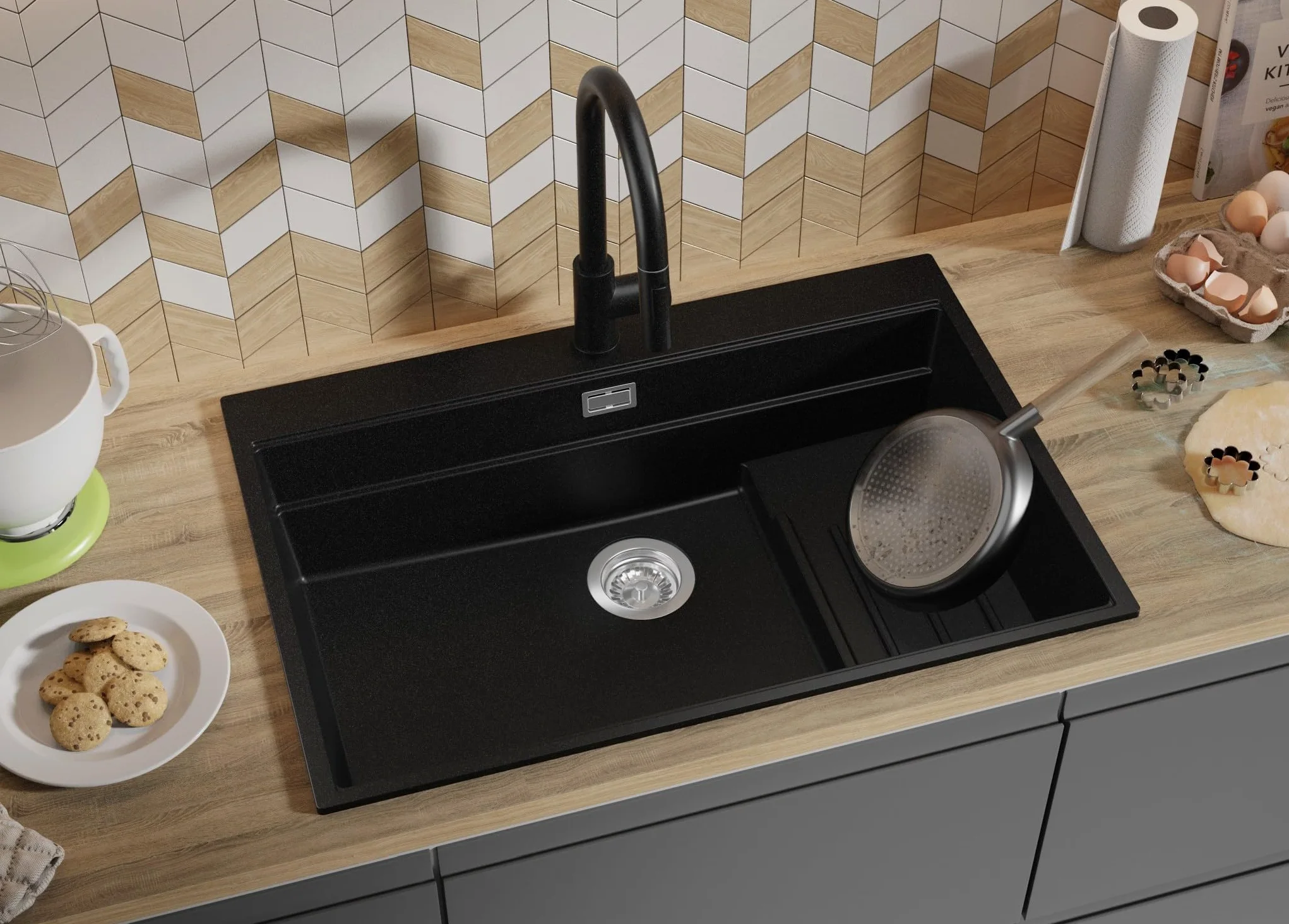PRIMAGRAN Lavello da Cucina Nero 78x53cm, Lavandino in Granito a 1 vasca + Sifone Classico, Lavabo da Cucina Incasso al Mobile 80cm - Oslo Max Step S095