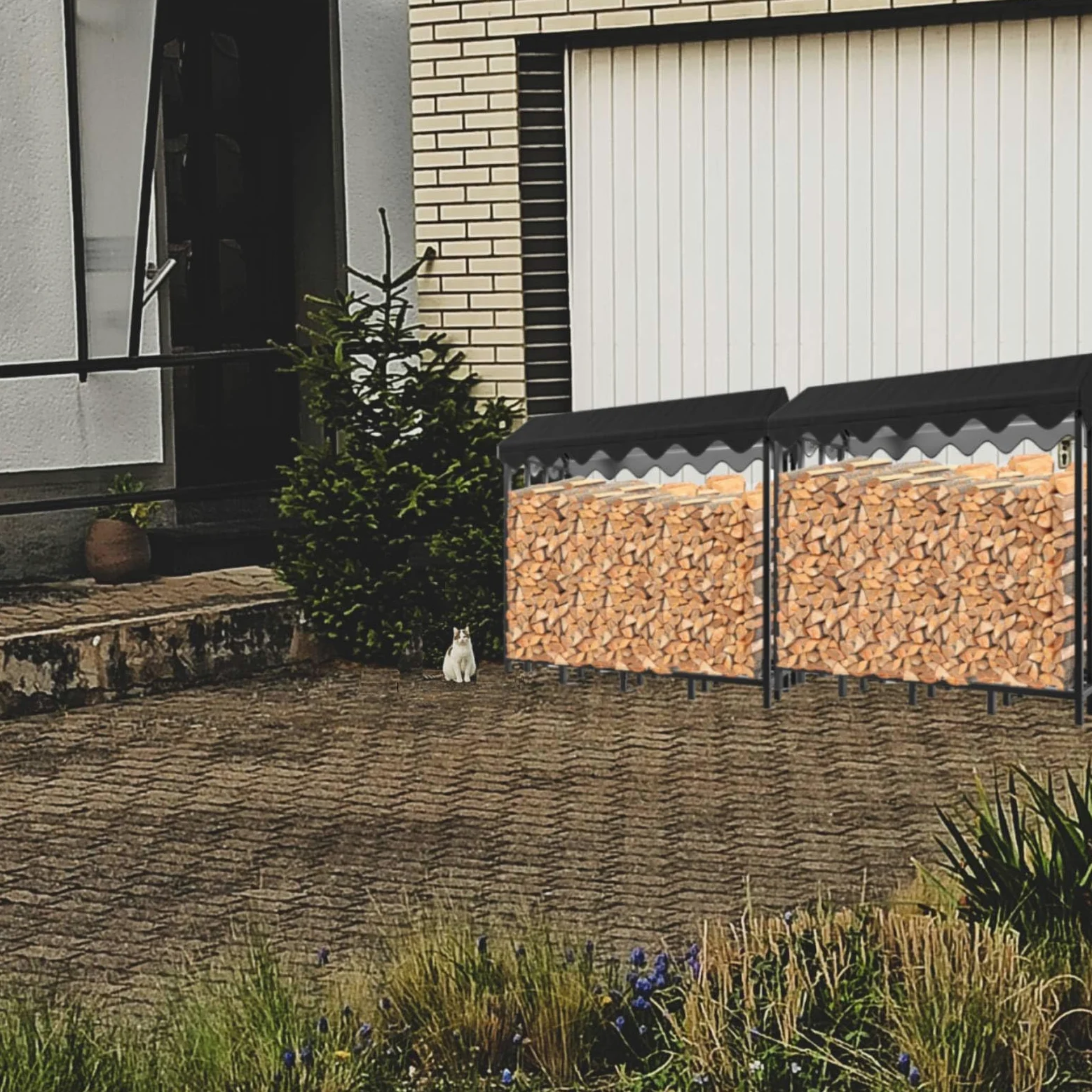 Himimi Rastrelliera per legna da ardere in metallo per esterni 185 x 70 x 185 cm, ricovero per legna da ardere per esterni, rastrelliera per legna da ardere con copertura protettiva