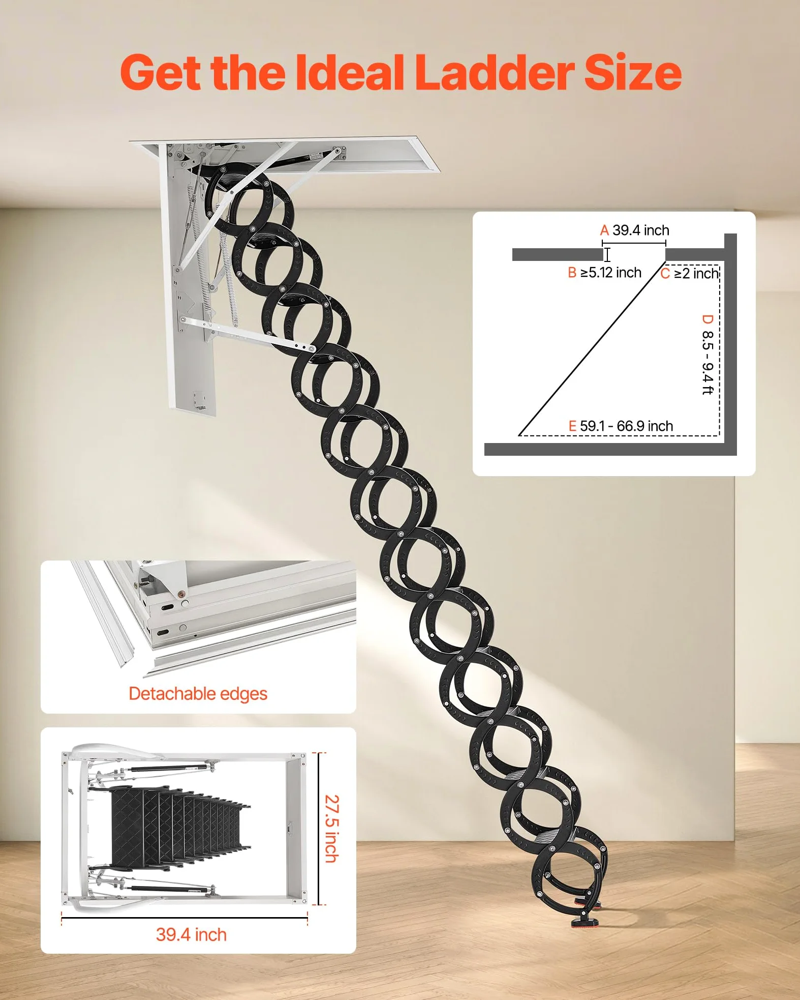 VEVOR Scala per Soffitta, Capacità di Carico 299,4 kg Scala Pieghevole in Lega di Acciaio, per Soffitti Alti da 2,6 a 2,85 m e Dimensioni di Apertura di 1000,76 x 698,5 mm con Asta di Trazione