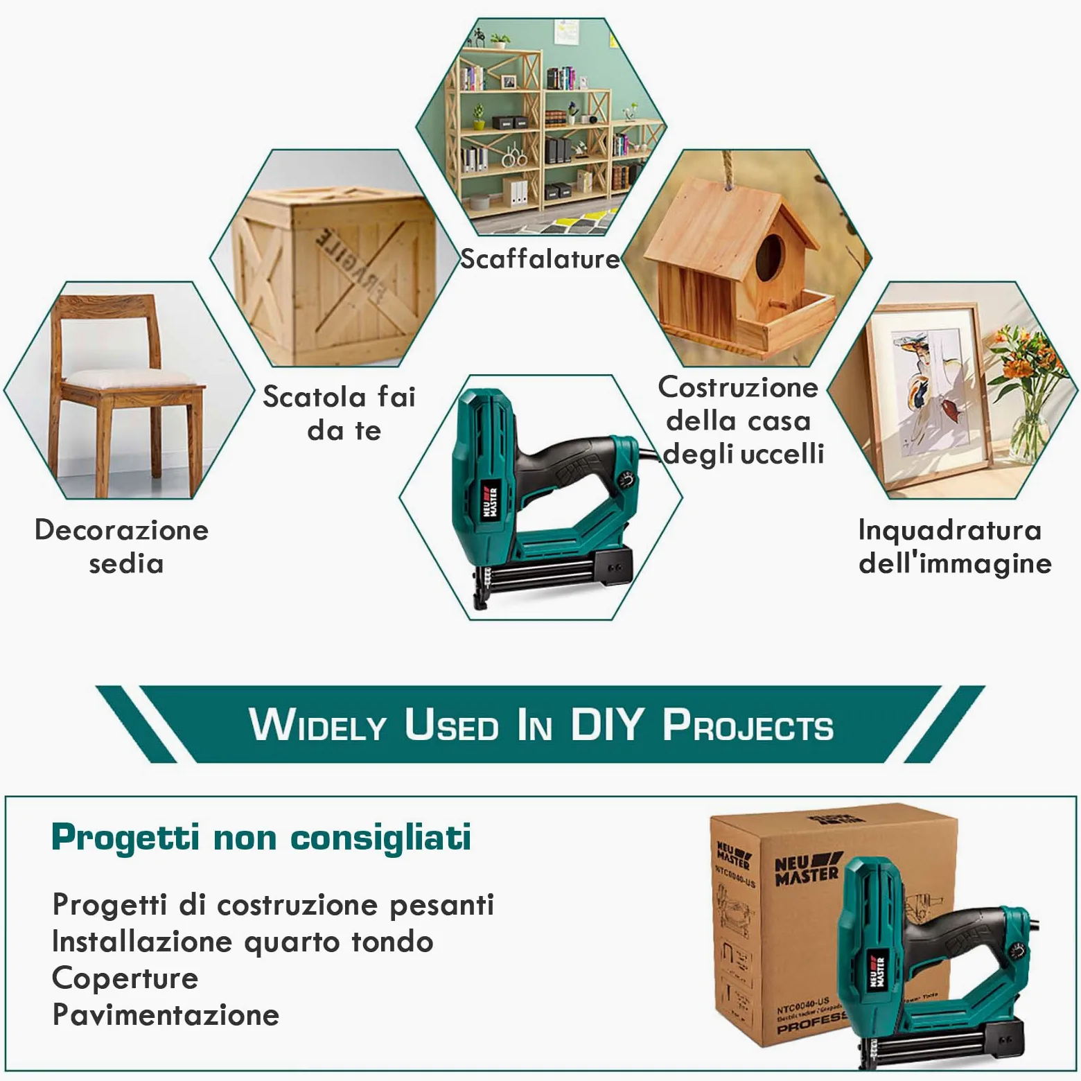 Sparachiodi Elettrica - NEU MASTER Graffettatrice con 200 Graffe e 800 punti Chiodi, Preselezione Elettronica della forza di impatto, Naso di sicurezza,cavo di Alimentazione extra lungo 2 m