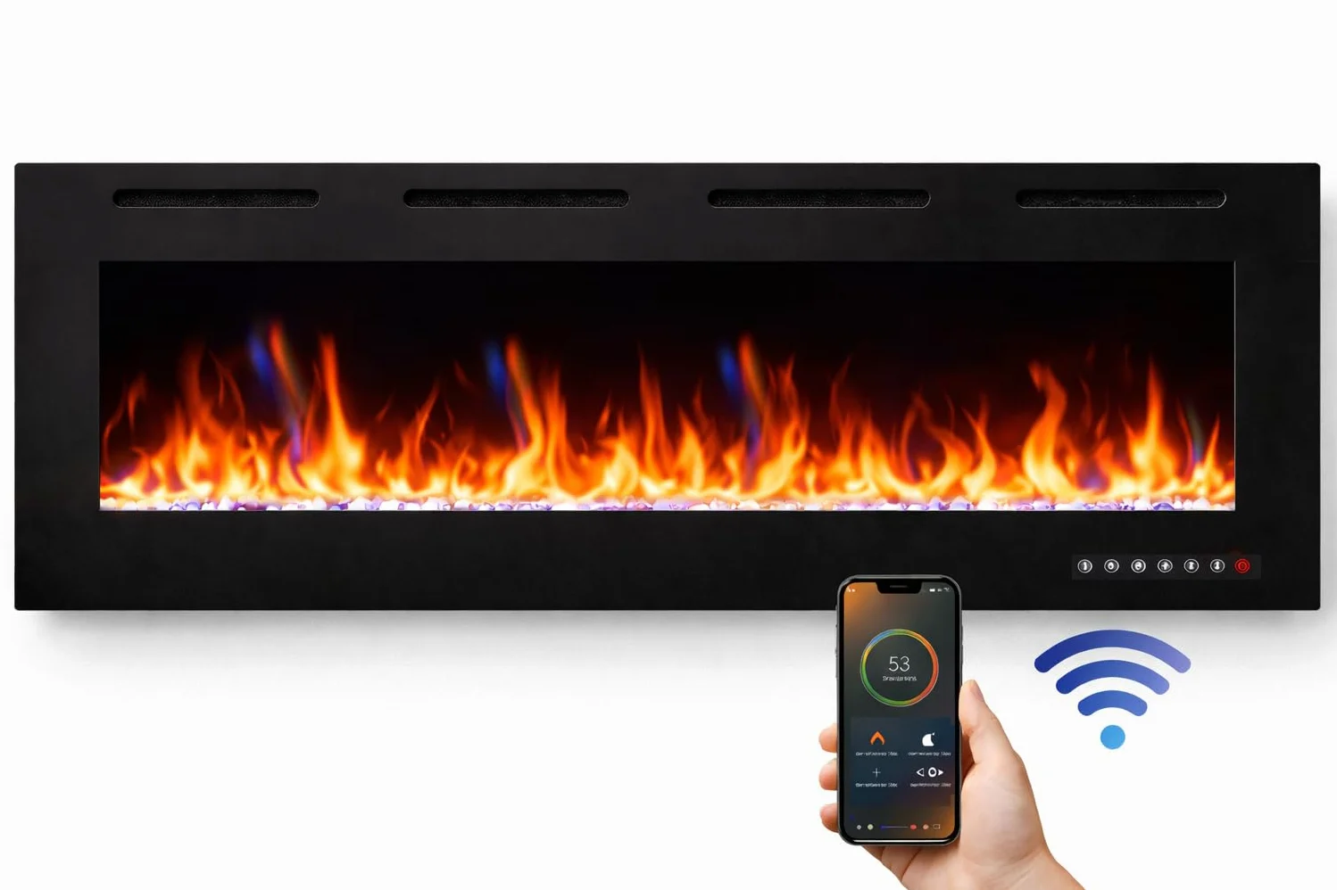 Camino Elettrico da Parete Weka Fireplace Wi-Fi, Ultrasottile, Profondo 7,5 cm, Vetro Temperato, Telecomando e Touch Screen, Riscaldatore da 750/1500 W, Effetto Fiamma Regolabile (127 cm WiFi New)