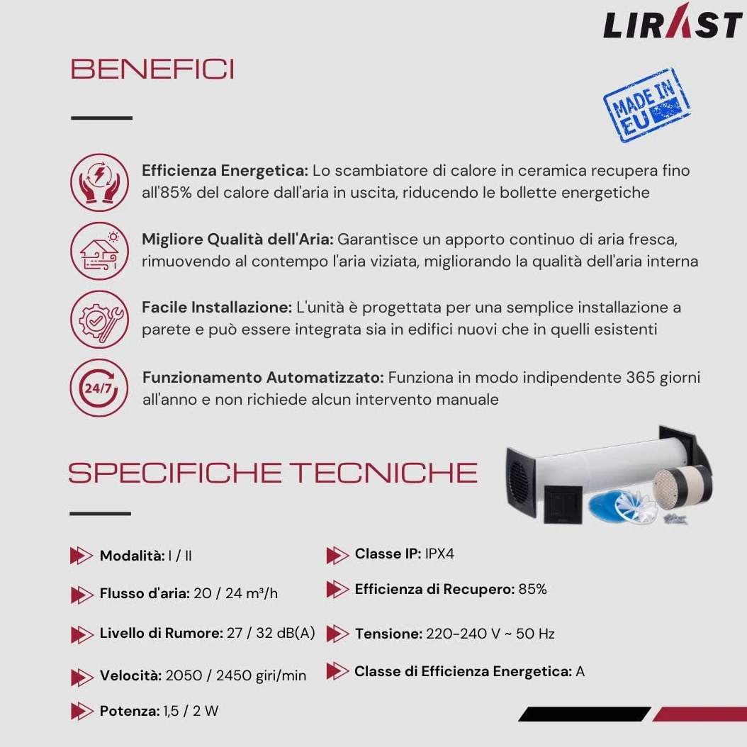 100mm Ventilazione Meccanica Controllata VMC Doppio Flusso Recupero Calore con Interruttore - Antracite VMC Recuperatore di Calore Doppio Flusso