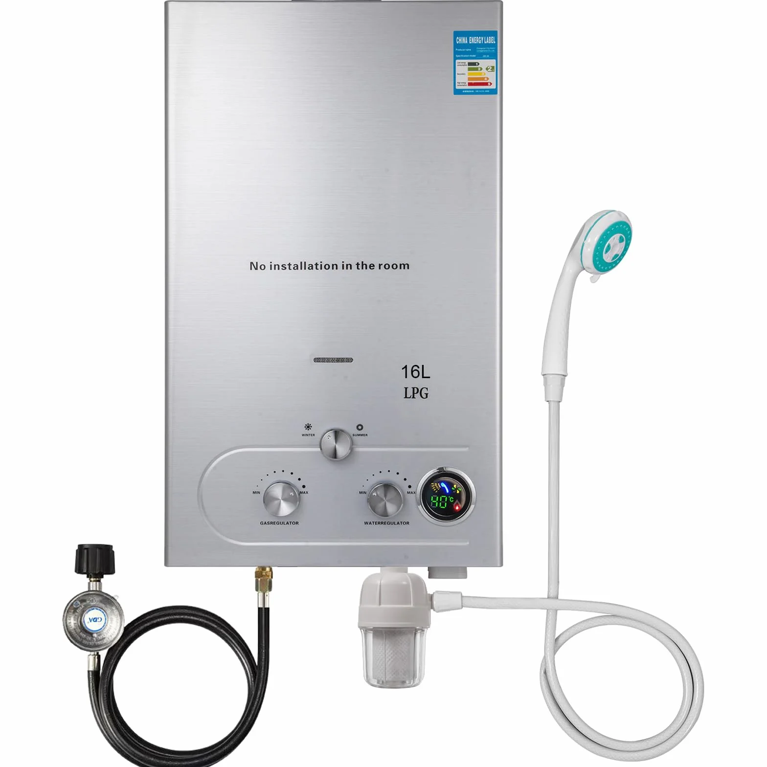 Scaldabagno a Gas GPL Propano, 16L 32kW Scaldabagno a Gas con Soffione Doccia, Scaldabagno a Propano Senza Serbatoio per la Casa per Abitazioni, per campeggio, doccia per cavalli