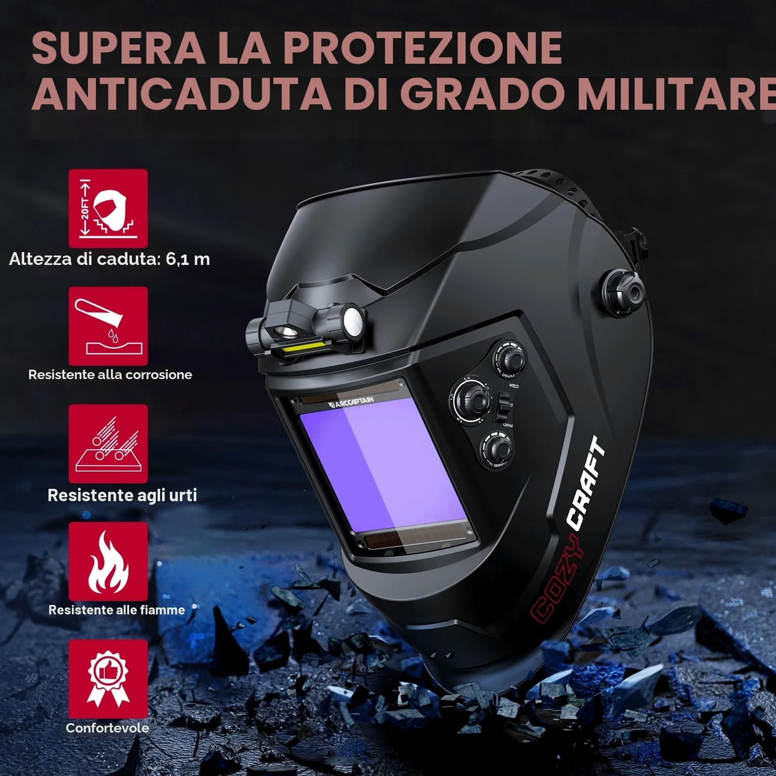 ARCCAPTAIN 10 x 9,3 cm, casco per saldatura auto oscurante, ad energia solare, cappuccio per saldatura a colori veri, casco per saldatore con chiarezza ottica 1/1/1/1, 4 sensori ad arco largo 4/5-9/9