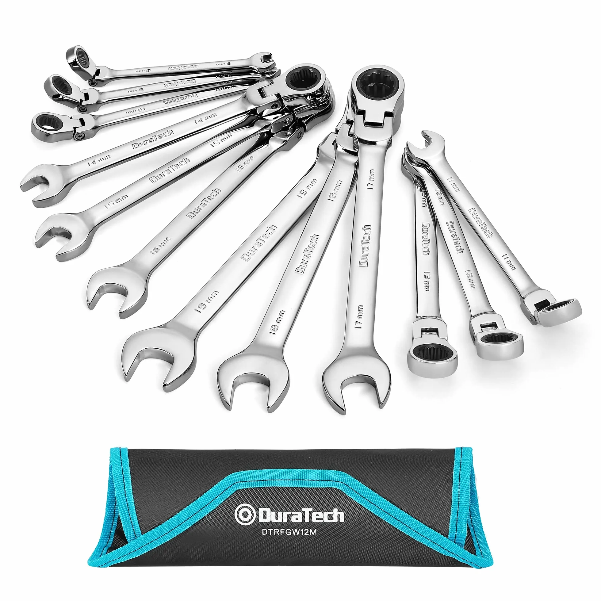 DURATECH Set di chiavi a cricchetto con testa flessibile, 12 pezzi, con cricchetto a 72 denti, acciaio al cromo vanadio, metriche, 8-19 mm