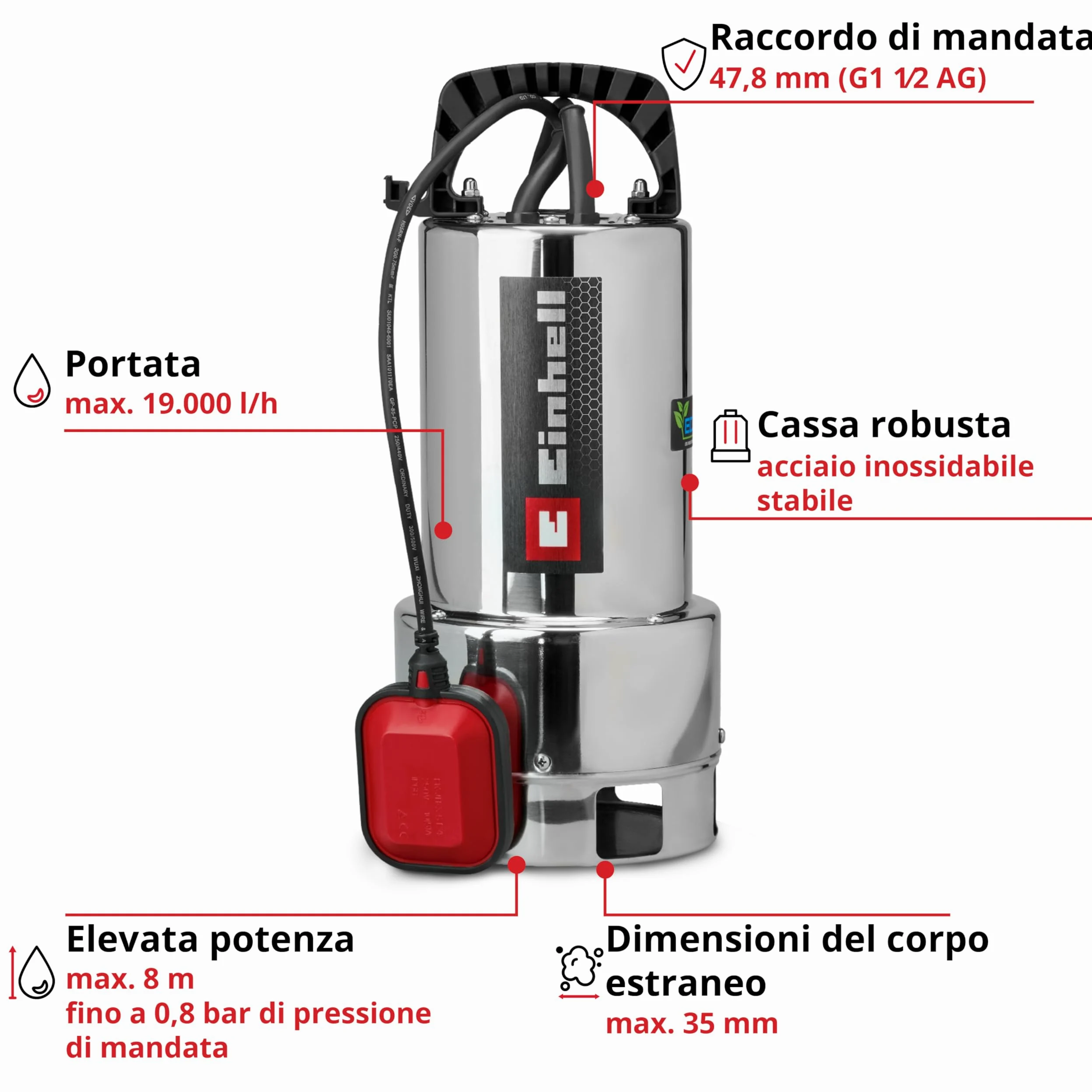 Pompa da giardino Einhell GC-DP 1170 ECO PLUS (700 W, portata max. 19.000 l/h, prevalenza max. 8 m, tecnologia ECO PLUS, coclea di scarico dell'acqua, adattatore universale 35 mm incluso)