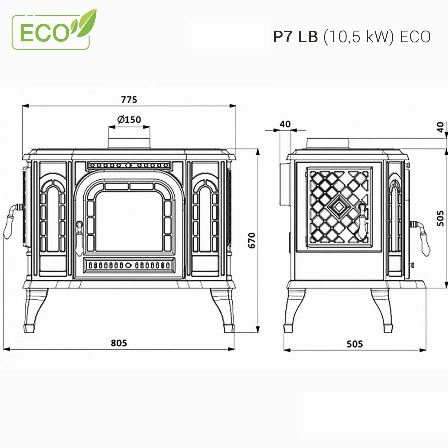 Stufa a legna libera installazione, in ghisa nera, apertura destra/sinistra - P7 LB (10,5 kW) ECO (apertura sinistra)