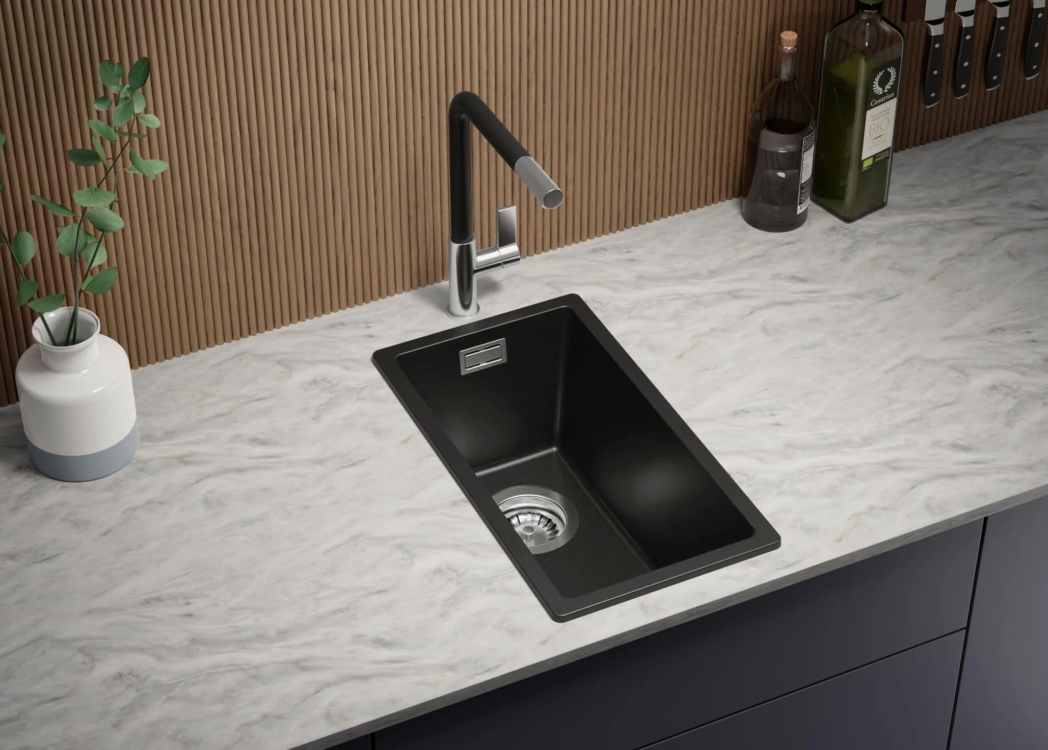 PRIMAGRAN Lavello da Cucina Nero 26x47cm, Lavandino in Granito a 1 vasca + Sifone Classico, Lavabo da Cucina Incasso al Mobile 30cm - London Slim S001