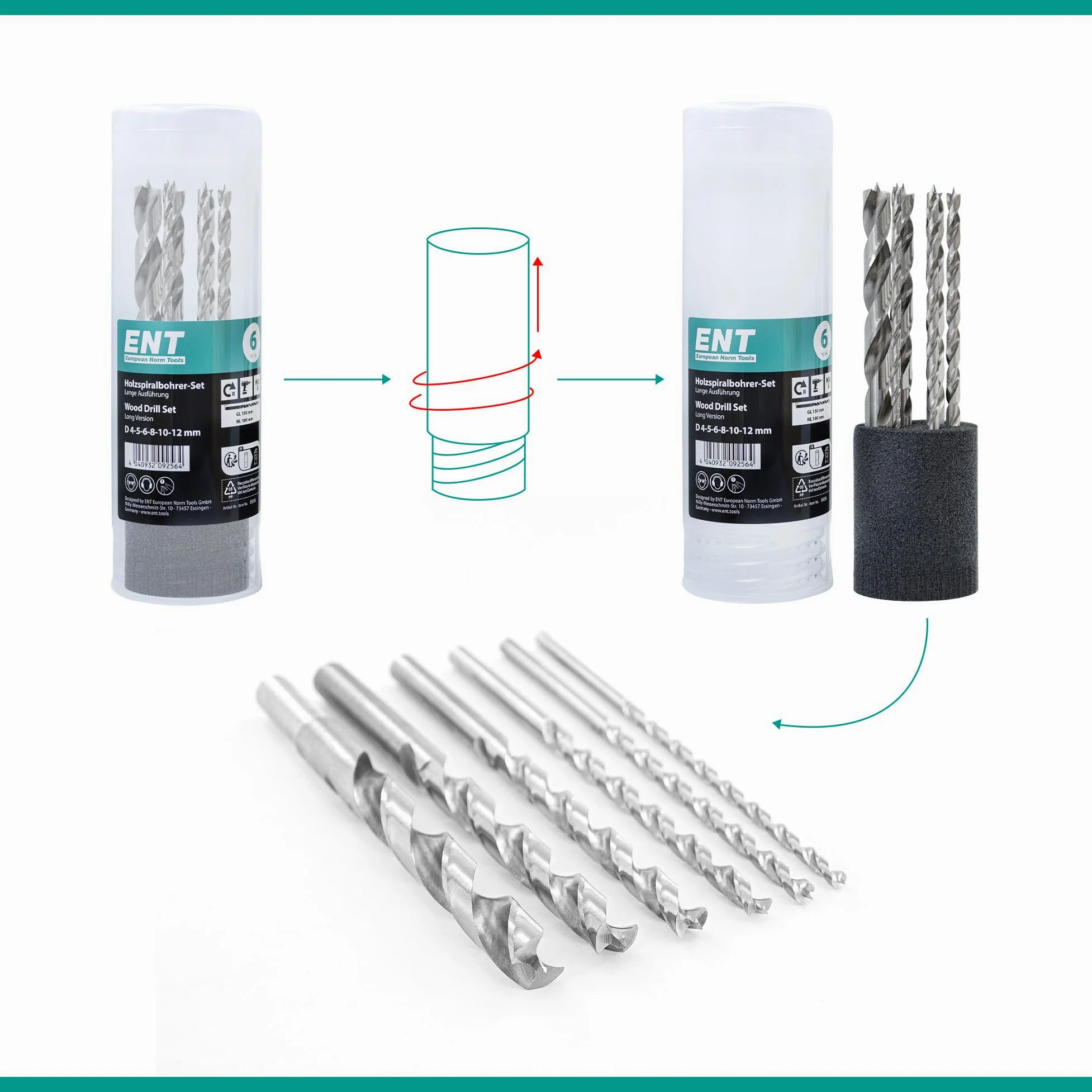 ENT 09256 Set di 6 punte per legno Ø 4, 5, 6, 8, 10 e 12 mm, lungo 150 mm, NL 100 mm, punte per legno rettificate in Acciaio a taglio rapido, per legno duro e tenero, adatte per trapani a batteria
