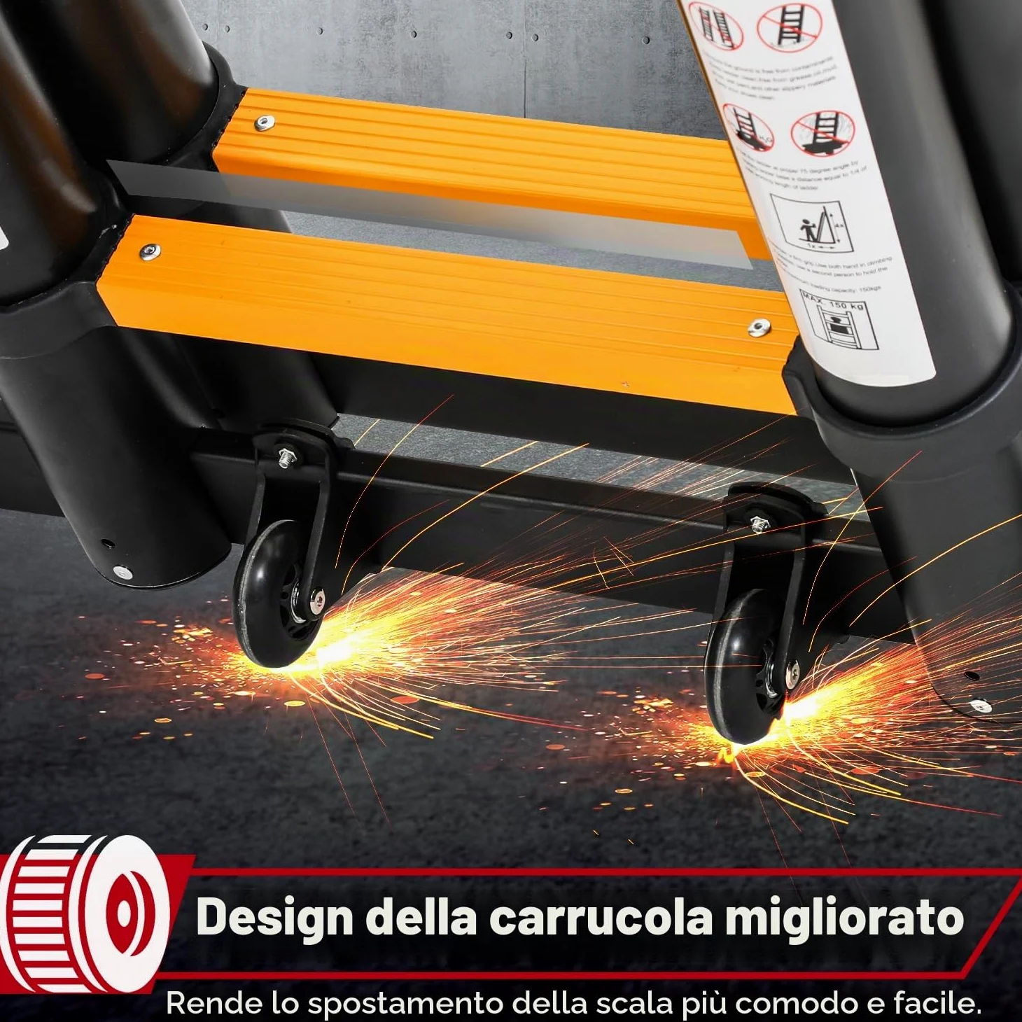Ikodm Scala telescopica pieghevole in alluminio 5 m, scala alluminio telescopica antiscivolo, scala multiuso in alluminio, portata 150 kg, colore nero e giallo