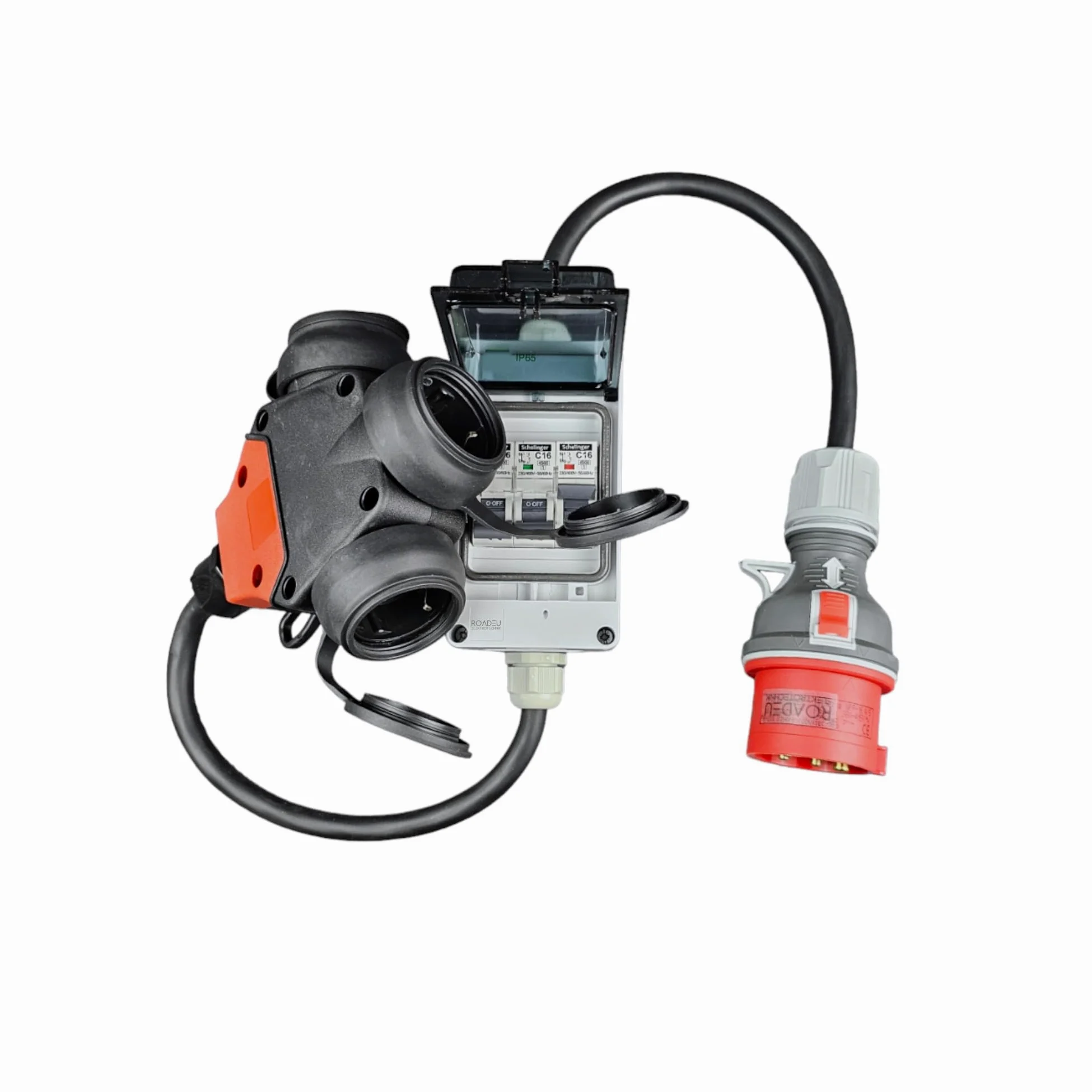 RoadEu - Adattatore ad Alta Corrente con Interruttori. Spina 16A, presa 3x 220V. Scatola fusibili con Interruttore automatico C16A. Prolunga 1m, Ideale per il garage il capanno o il giardino