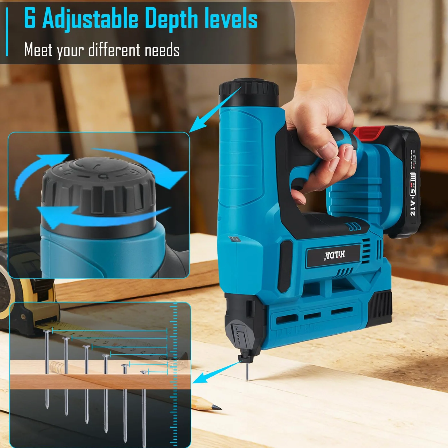 Set di chiodatrice elettrica a batteria Chiodatrice e graffatrice 2 in 1 con 2 batterie da 2.0Ah, 1000 chiodi/graffette inclusi - Profondità di chiodatura regolabile lavori di falegnameria e fai da te