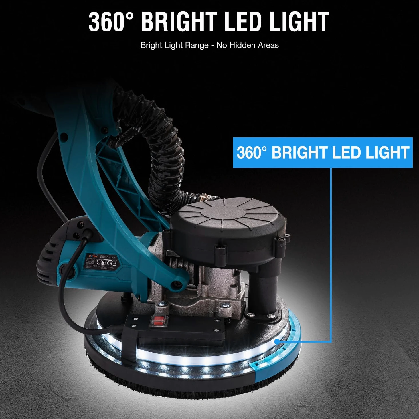 KATSU Tools Levigatrice Elettrica per Cartongesso 800W con Manico Telescopico Pieghevole, Aspirazione Automatica della Polvere, Luce LED, Velocità Variabile, Dischi Abrasivi 225mm, in Valigetta