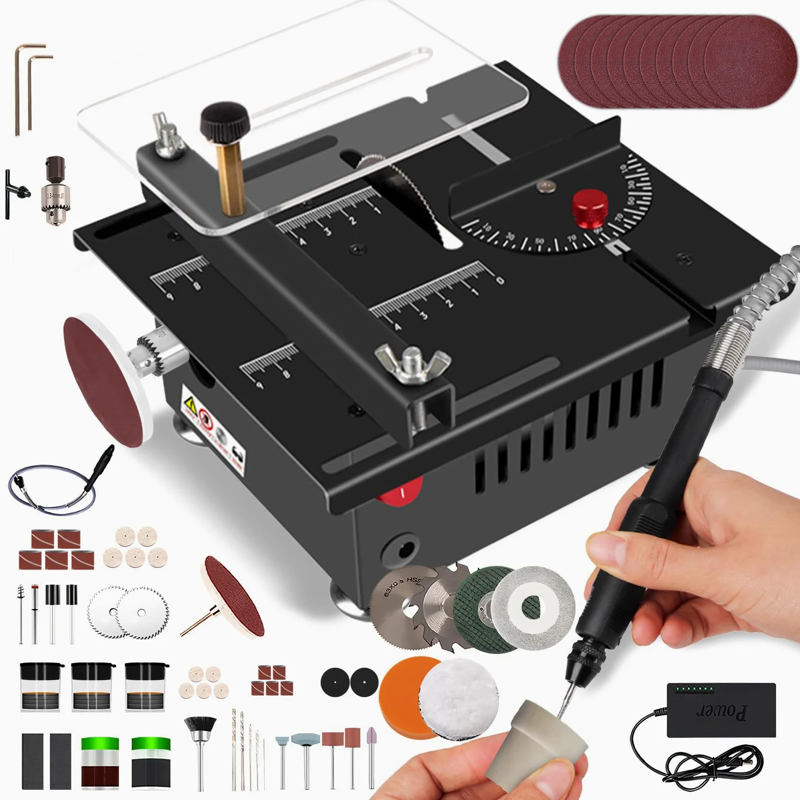 Mini Sega da Tavolo Per Artigianato, Mini Sega da Tavolo Multifunzione Potenza 100w, Piccola Sega da Tavolo Portatile, 7 Velocità Regolabili, Taglio 0-90°, Per Fai da Te, Legno, Acrilico E Taglio Pcb