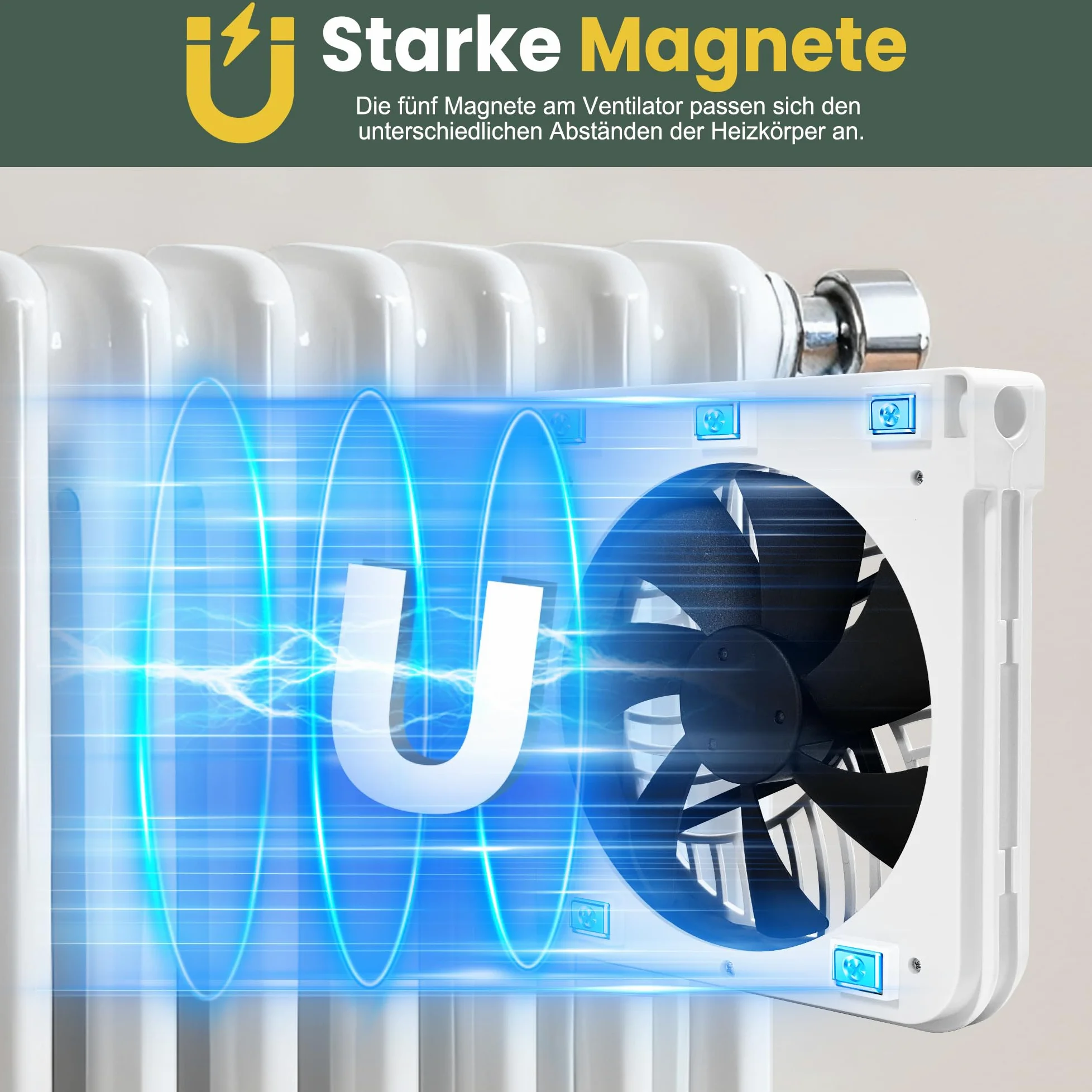 Ventilatore per radiatore con 5 magneti per radiatori in ghisa, 4 ventilatori magnetici con termostato intelligente, ventilatore per radiatori aumenta l'efficienza di riscaldamento e risparmia