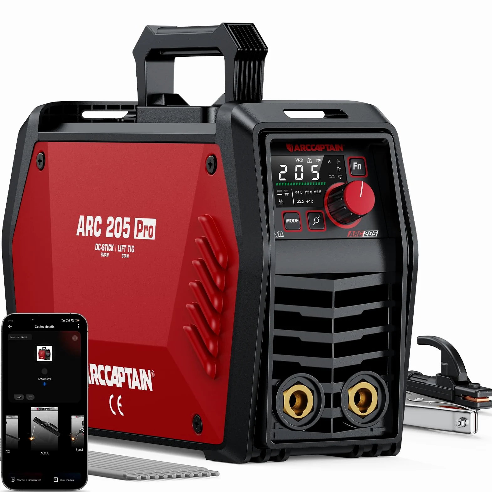 ARCCAPTAIN Saldatrice Elettrodo iControl ARC205 Pro [Controllo APP] 205Amp ARC/Lift TIG saldatrice, display a LED, IGBT Inverter 230V MMA saldatore con avvio a caldo, forza d'arco, e Anti-Stick