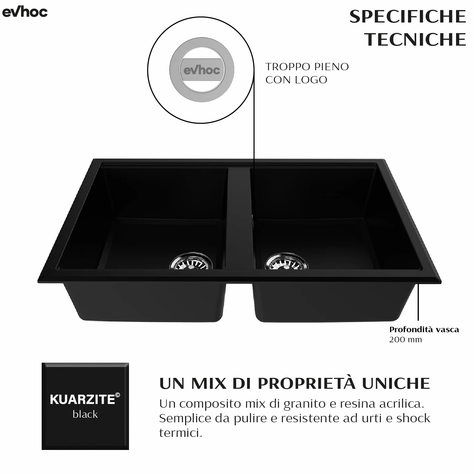 Evhoc Lavello Cucina Sopratop 86x51 cm, 2 Vasche, Lavandino Doppia Vasca in Kuarzite, Piletta Inclusa, Made in Italy, Nero, ADHOC M