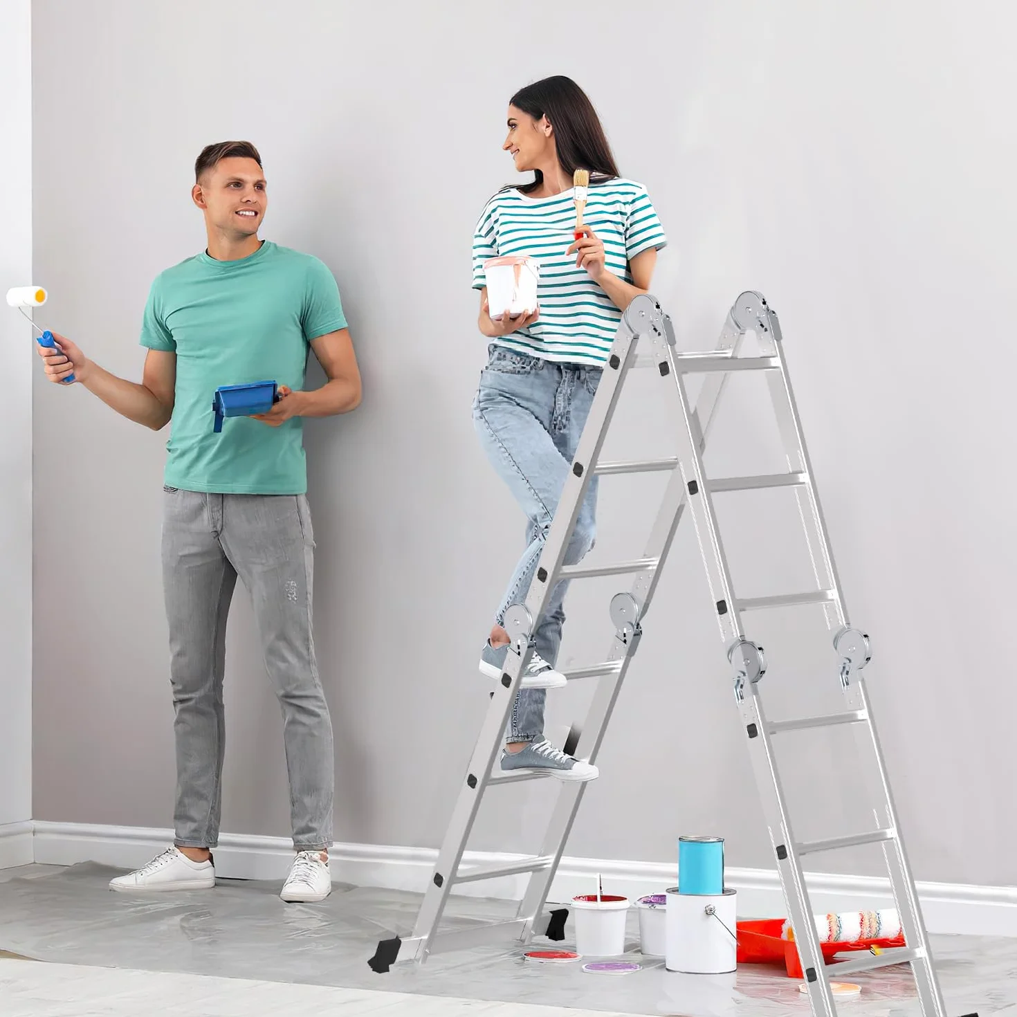Scala multiuso pieghevole 3,6 m 4 x 3 m in alluminio, 7 in 1, multifunzione, per uso professionale, con 2 piastre ponteggio e 2 ruote, portata fino a 150 kg