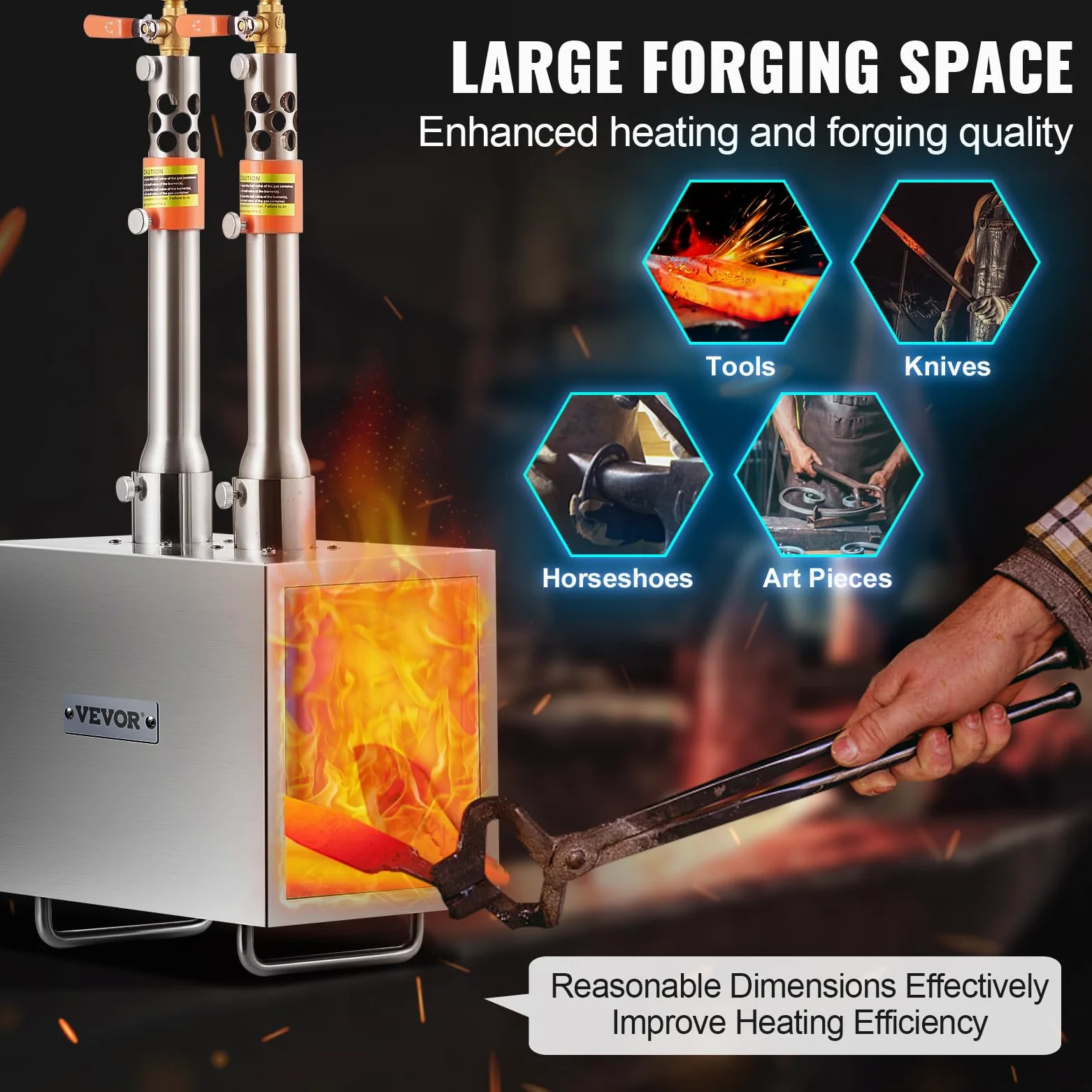 VEVOR Forgia a gas propano portatile, forno a gas quadrato con 2 bruciatori, temperatura max 1427 ℃, utensili e attrezzature per forgiatura a gas in acciaio inox, per colteliere Maréchaux-Ferrants