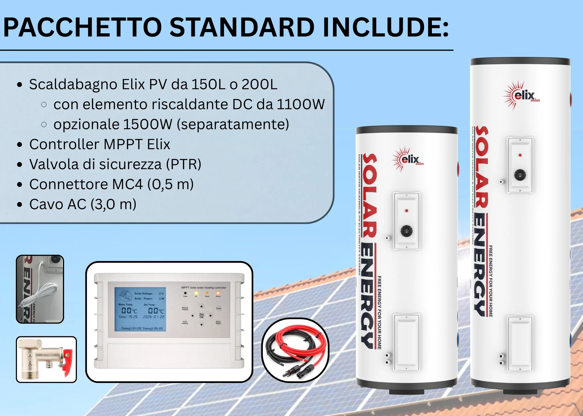 Scaldabagno Solare Fotovoltaico PV Elix 150/200 L | MPPT (con MPPT, 200L, DC 1500W)