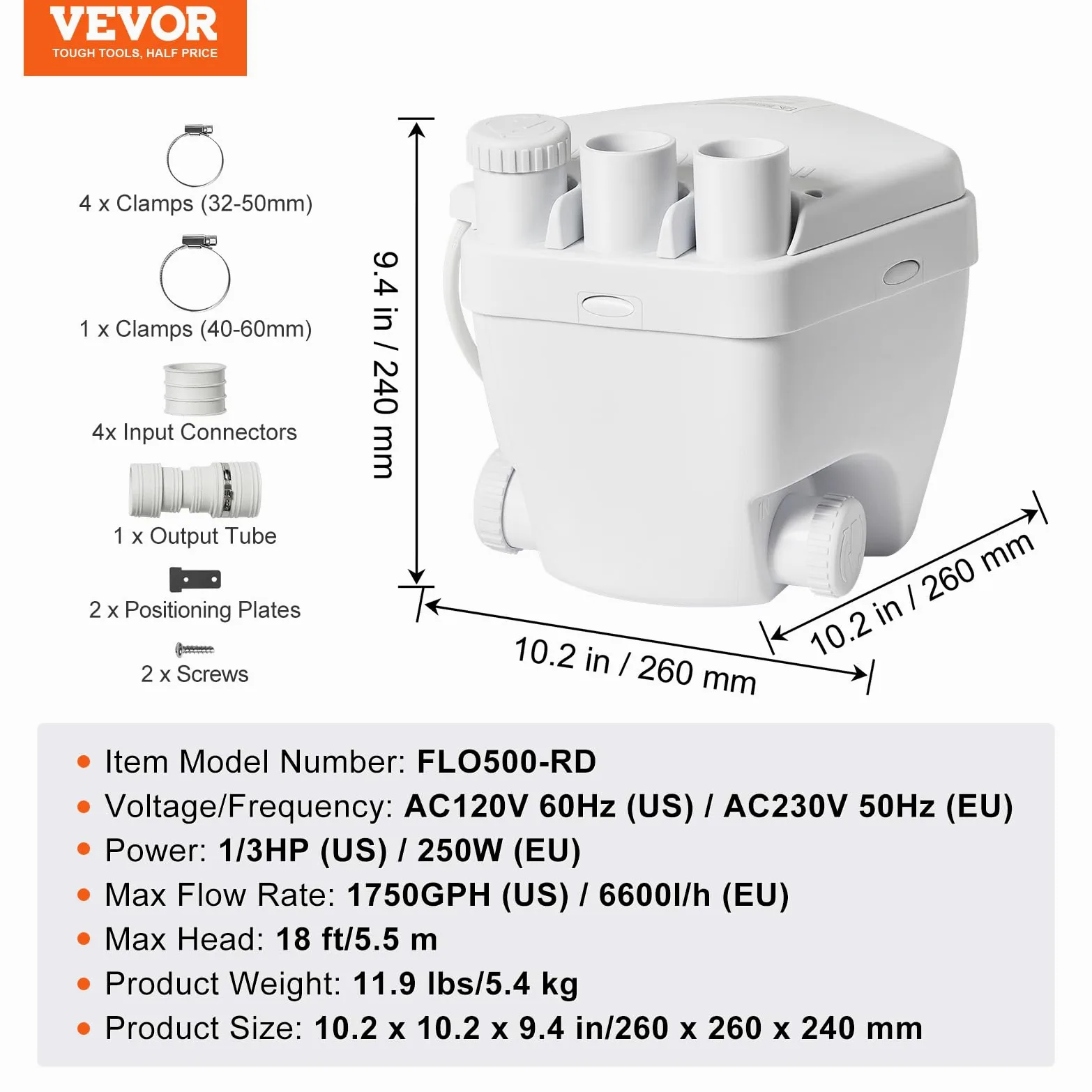 VEVOR Pompa per Lavandino 250 W, Sistema di Pompa per Scarico per Lavandino Sotto Lavandino, Portata 6600L/h 5,5 m, Motore in Filo di Rame, Pompa Sotto Lavandino Scarico 3 Uscite, 8 cm, Bianco