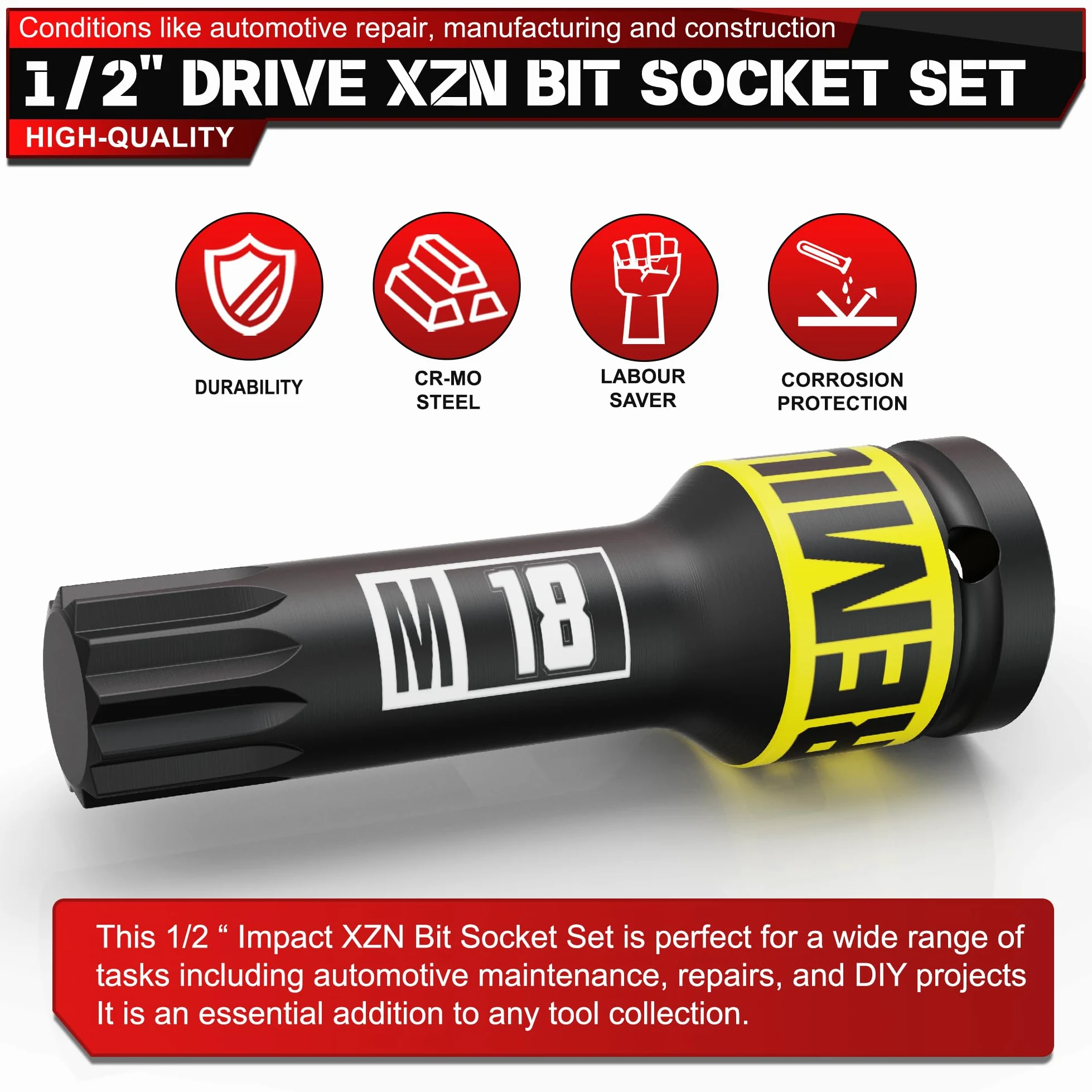 Chiavi a Bussola XZN 1/2", 10 Pezzi Bussola con Denti Multipli Set, M5 - M18 Tripla Scanalatura Quadrata, Indicato per Interventi su Auto Piccole Riparazioni Domestiche