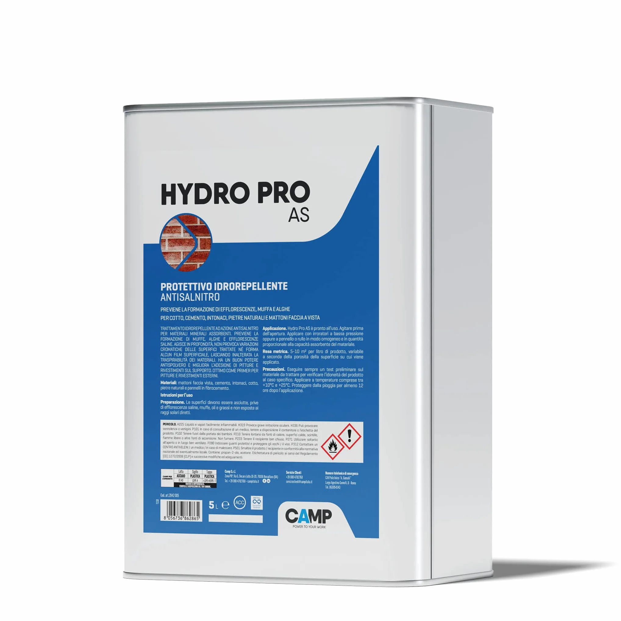 Camp HYDRO PRO AS Anti Salnitro, Idrorepellente protettivo ad azione anti-salnitro per mattoni faccia vista, cemento, intonaci e pietre naturali