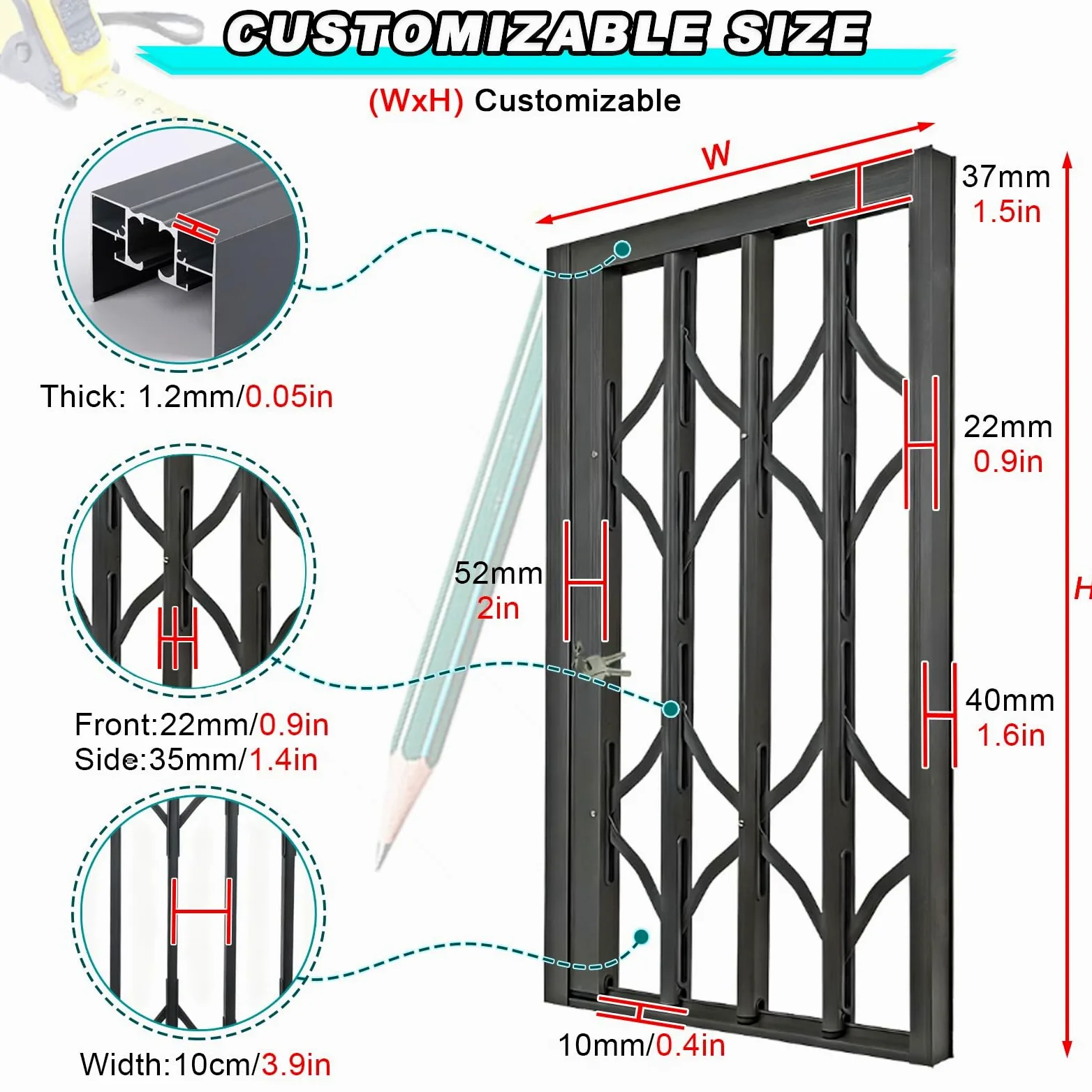 Recinzioni di sicurezza e inferriate antifurto, protezioni for ringhiere di balconi e finestre pieghevoli for impieghi gravosi, for la sicurezza dei bambini in casa(W35.4xH43.3"90X110CM)