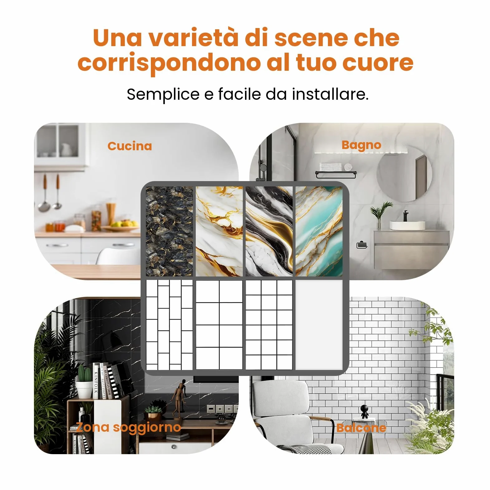 Pannello da parete autoadesivo, 10 pezzi, effetto marmo, 60 x 30 cm, in PVC, impermeabile, resistente all'olio, per cucina, bagno, soggiorno (tipo H)