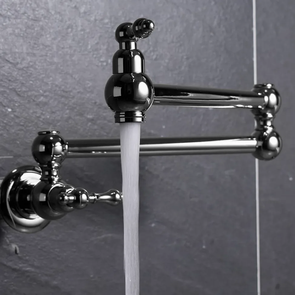 Rubinetto di Riempimento del Vaso in Ottone Massiccio - Pieghevole per Lavello da Cucina, Singolo Foro, Due Maniglie, a Parete Girevole, Pot Filler Tap Chrome