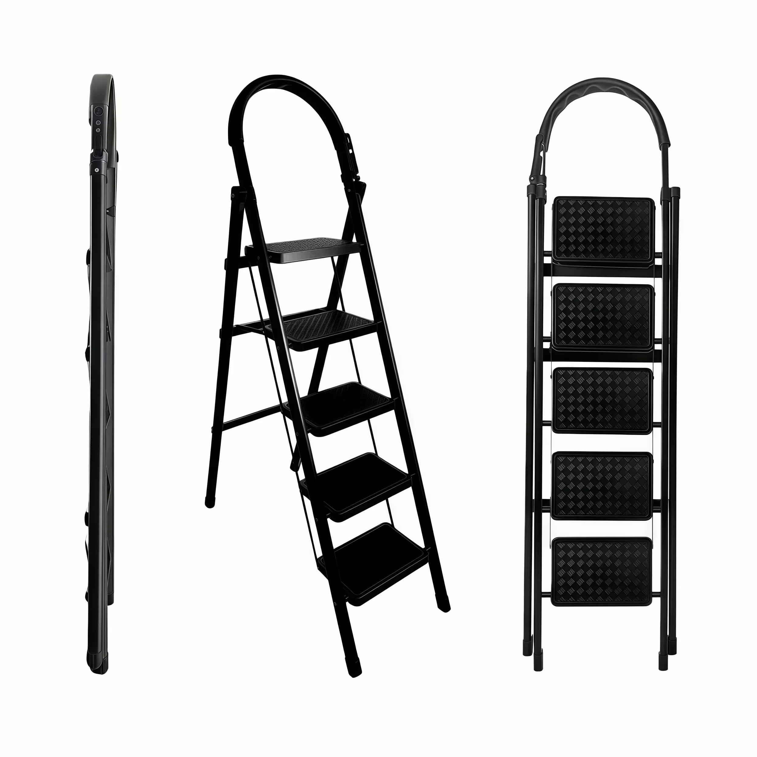 Scala Scaletta 5 Gradini in Acciaio Al Carbonio,Scala 5 Gradini con di blocco di sicurezza,Scaletta Pieghevole Ampia pedana antiscivolo,per Scaletta Cucina Portata 150 kg,Bianco e NeroNero