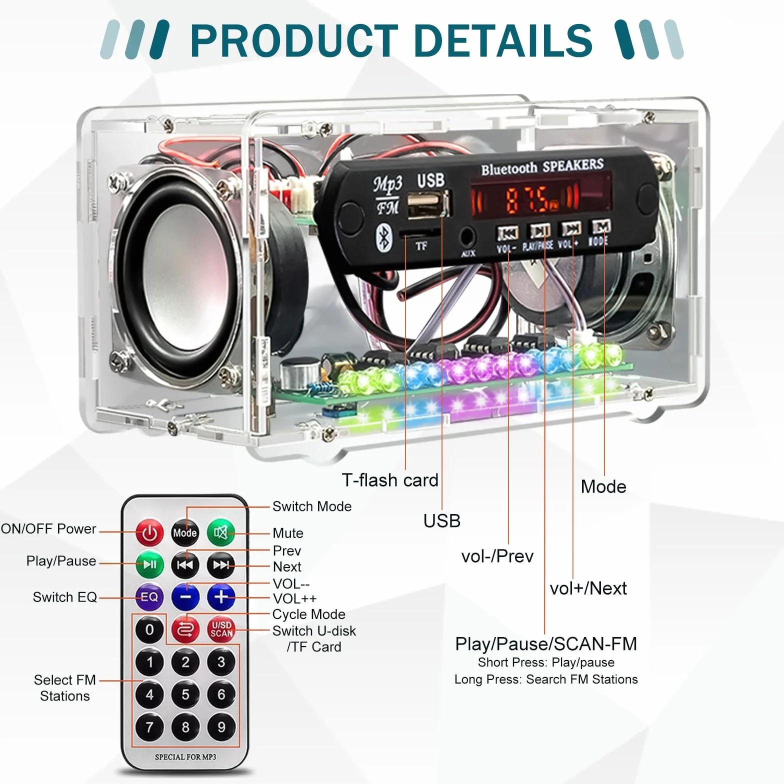 Kit di pratica di saldatura, kit radio FM, kit di altoparlanti Bluetooth fai da te, kit di progetti elettronici per adulti, mini kit amplificatore audio domestico con display digitale (trasparente)