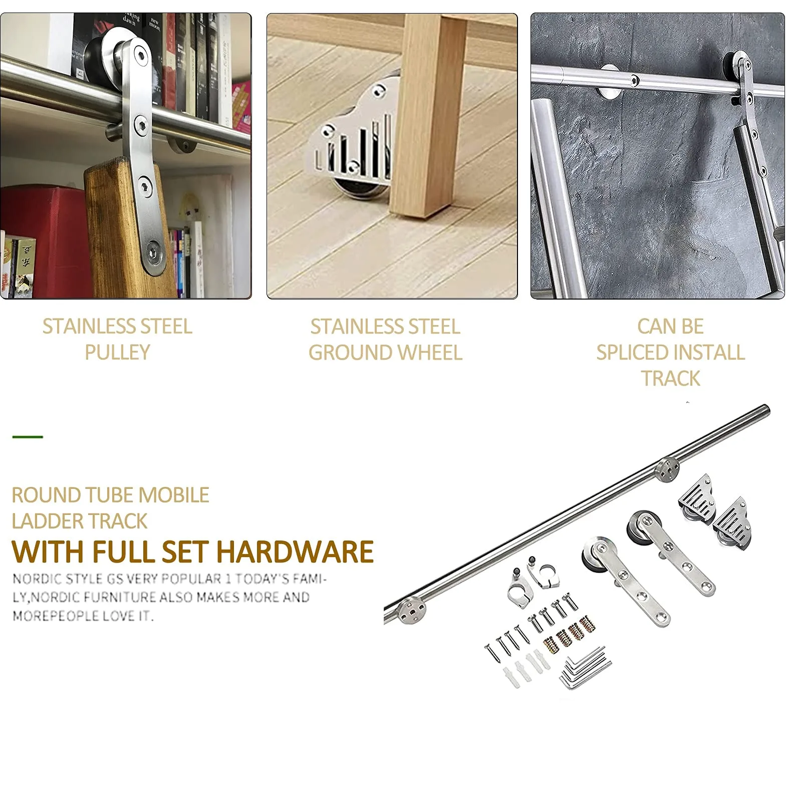 Scaletta Rolling Track Set completo Hardwar 6.6ft-13ft, inox Tubo rotondo Ladder Mobile Scala Scorrimento fienile per Biblioteca/Loft/Home/Indoor/BookStor, ruote a rulli da pavimento (nessuna scala)