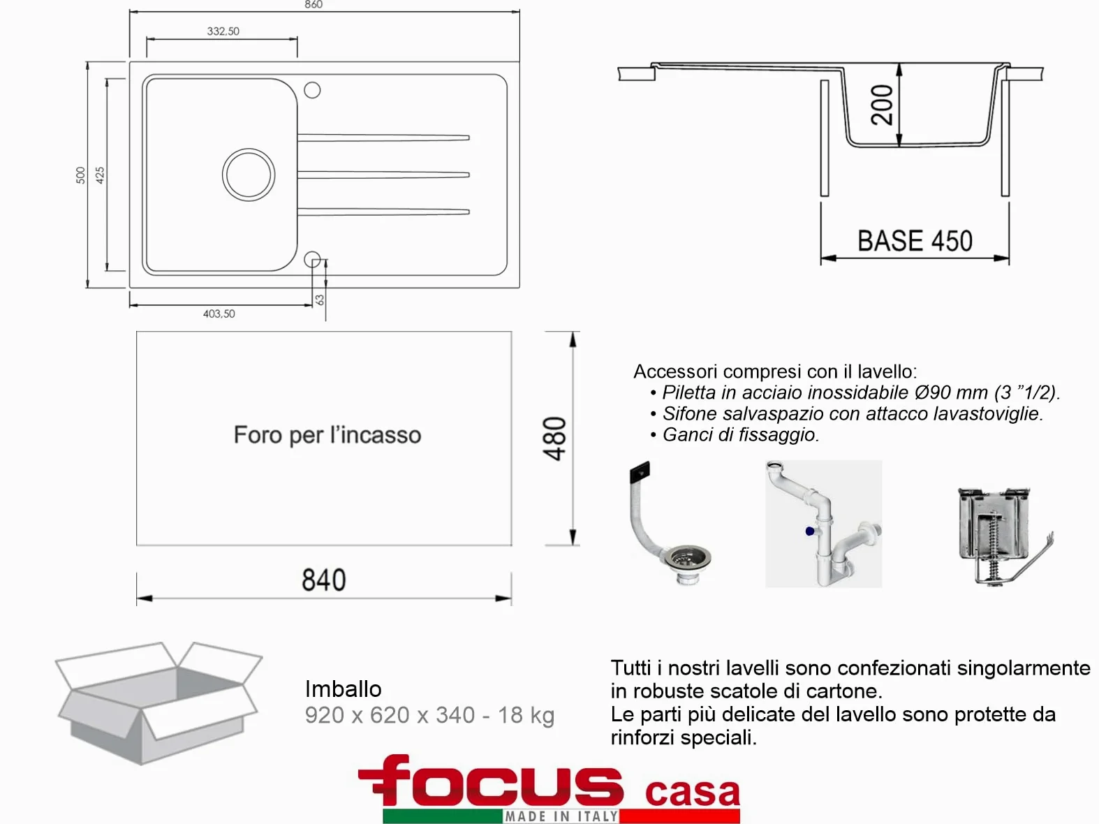 Lavello cucina Romeo nero 1 vasca con gocciolatoio cm 86 x 50 Made in Italy
