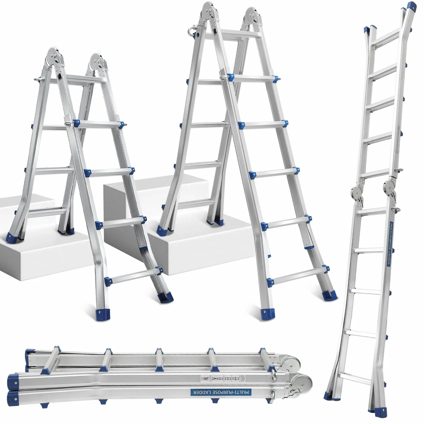 Scala Multiuso in Alluminio 4 in 1 - 513 cm, 4 x 5 Pioli, Telescopica, Capacità 150 kg, a Scorrimento Con Supporto Su Entrambi i Lati