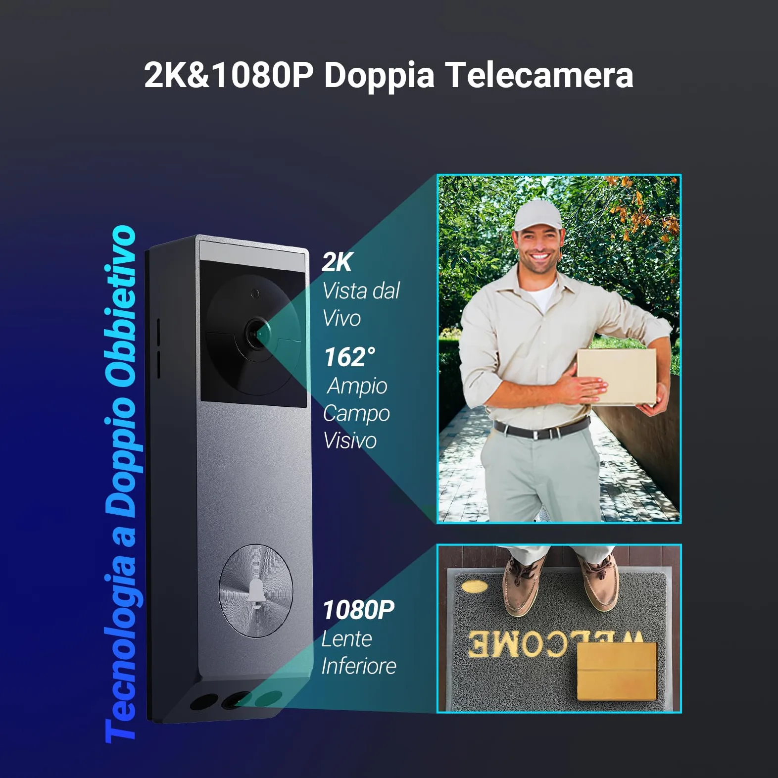 EZVIZ EP3x Pro Campanello Video a Batteria con Telecamera WiFi 2K, Doppio Obiettivo, Rilevamento di Persone/Pacchi, Visione Notturna a Colori, Pannello Solare Incluso, 32GB eMMC, Impermeabile, Alexa