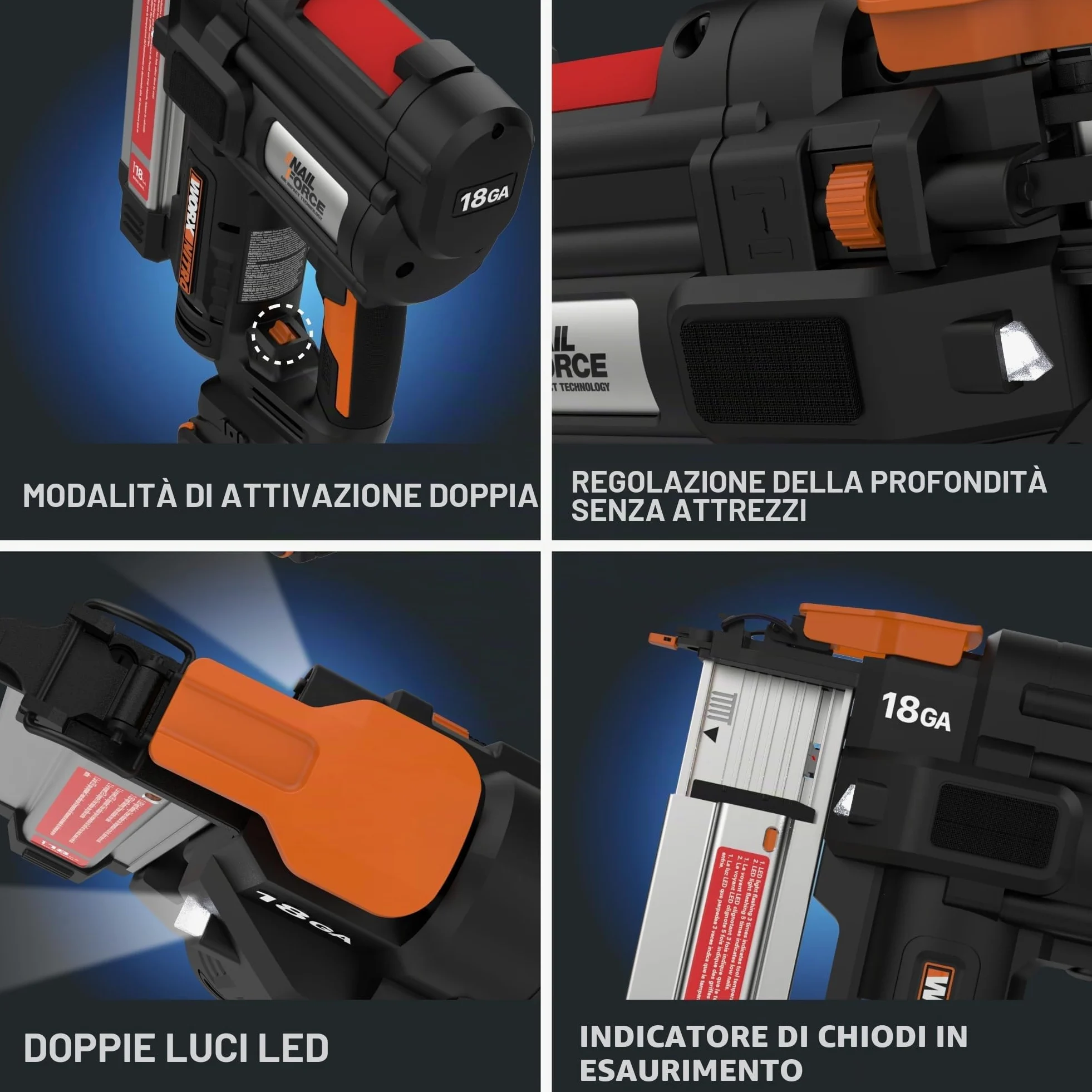 WORX NITRO WX842.9 Chiodatrice a batteria 20 V 18 GA – 80 chiodi/min – per chiodi da 15 – 50 mm – senza fili ad alta efficienza – risoluzione di inceppamento senza attrezzi