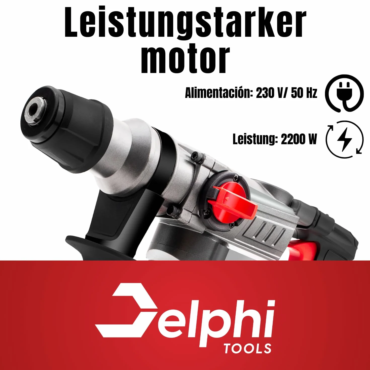 Delphi Martello Demolitore SDS Plus 2200W, Trapano a Percussione 3 Funzioni, 4J Energia d’Impatto, con Custodia, Punta e Scalpello, Cavo da 2,8m, Set di Accessori