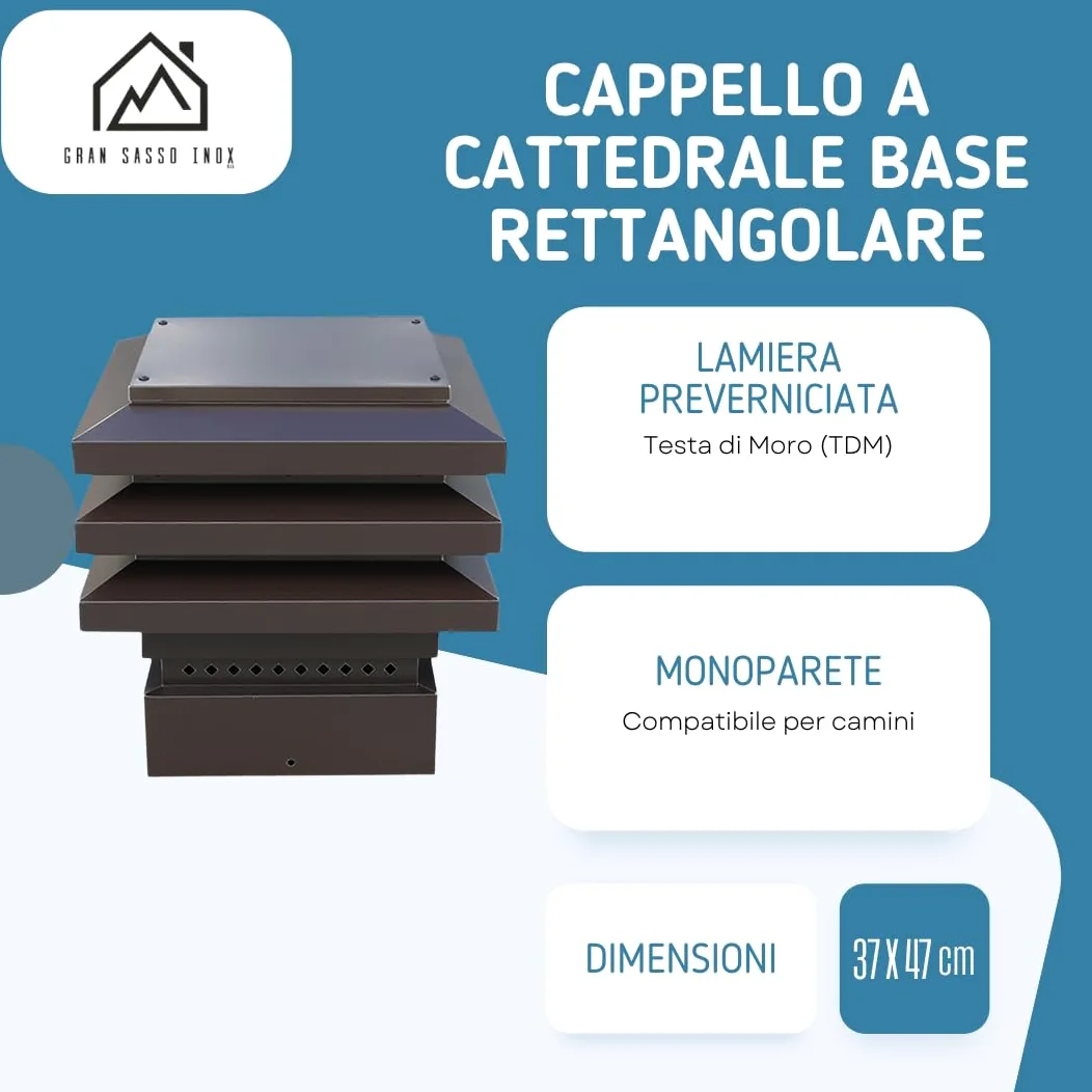 Cappello Lamellare Modello Cattedrale a Base Rettangolare – Coperchio Smontabile - in Lamiera Preverniciata Testa di Moro (TDM) - per Camini (37x47 cm)