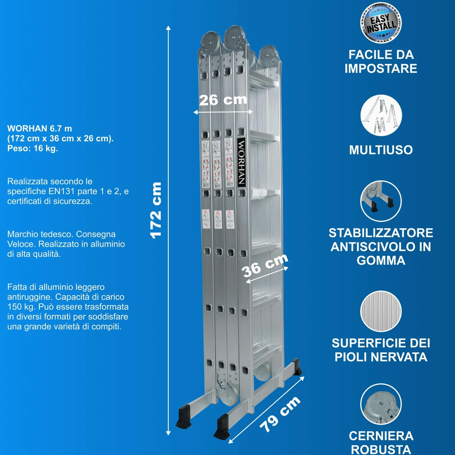 SCALA MULTIUSO IN ALLUMINIO 6.7m PIEGHEVOLE MULTI POSIZIONE 14 FUNZIONI CON STABILIZZATORI KS6.7