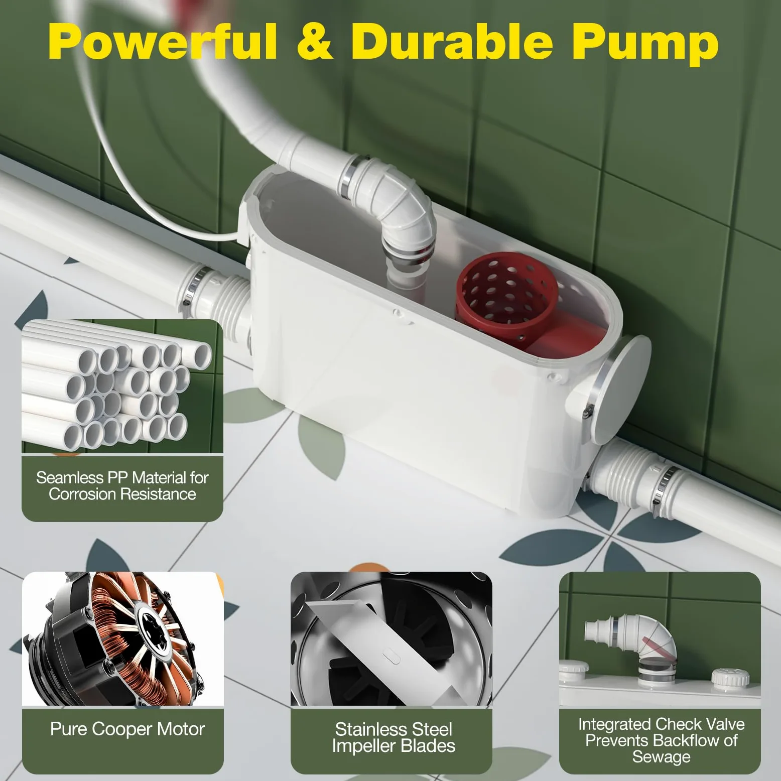 Smerigliatrice sanitaria da 500 W con scarico laterale, pompa di sollevamento per WC, lavanderia, cucina cantina, motore in rame, funzionamento silenzioso, installazione facile, 230 V