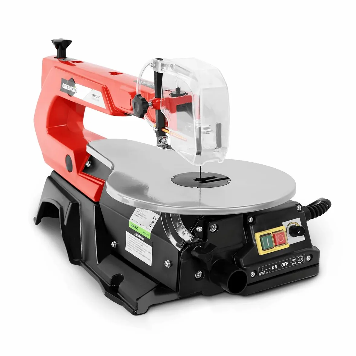GREENCUT SRM120C - Sega elettrica da traforo da 120W a velocità variabile da 400 a 1650 giri/minuto, lunghezza lama 133 mm, strumento per l'officina e la casa, protezione lama retrattile