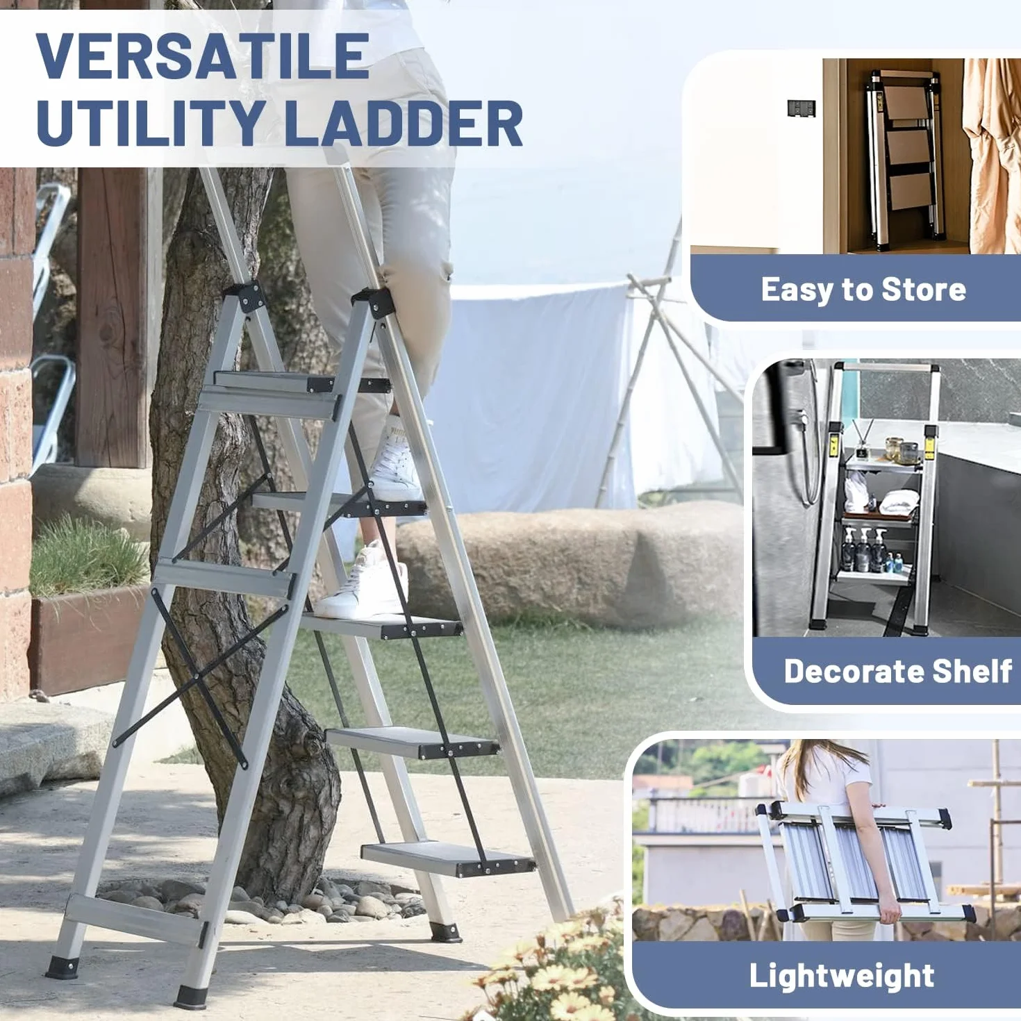 XinSunho Scala Alluminio 5 Gradini, Scaletta Pieghevole con Vaschetta Portaoggetti e Corrimano Estraibile, Scaletta 5 Gradini Antiscivolo, Per Uso Domestico e Lavorativo, Portata 150 kg