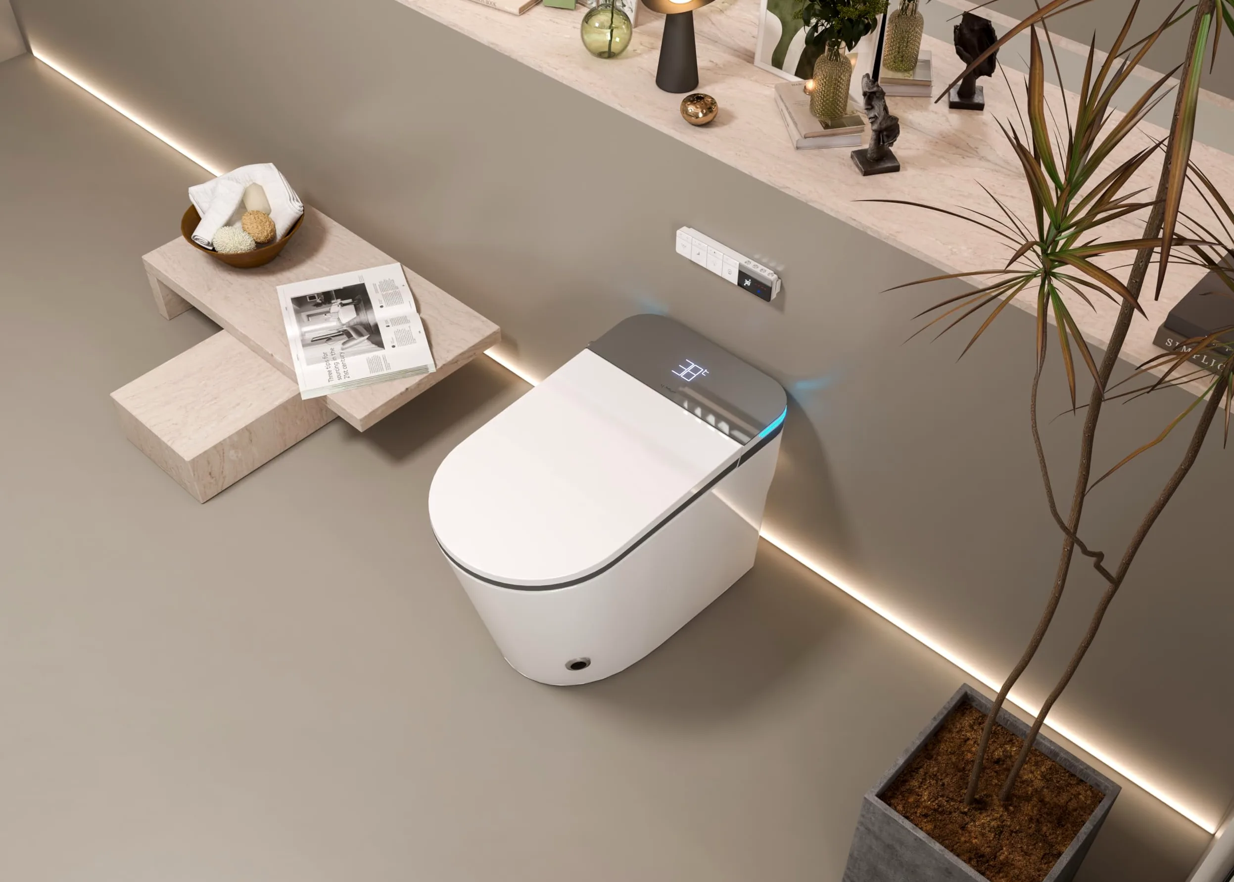 Lussuoso WC allungato con bidet intelligente, doppio risciacquo, apertura e chiusura automatica, sedile riscaldato, scarico a parete, bianco
