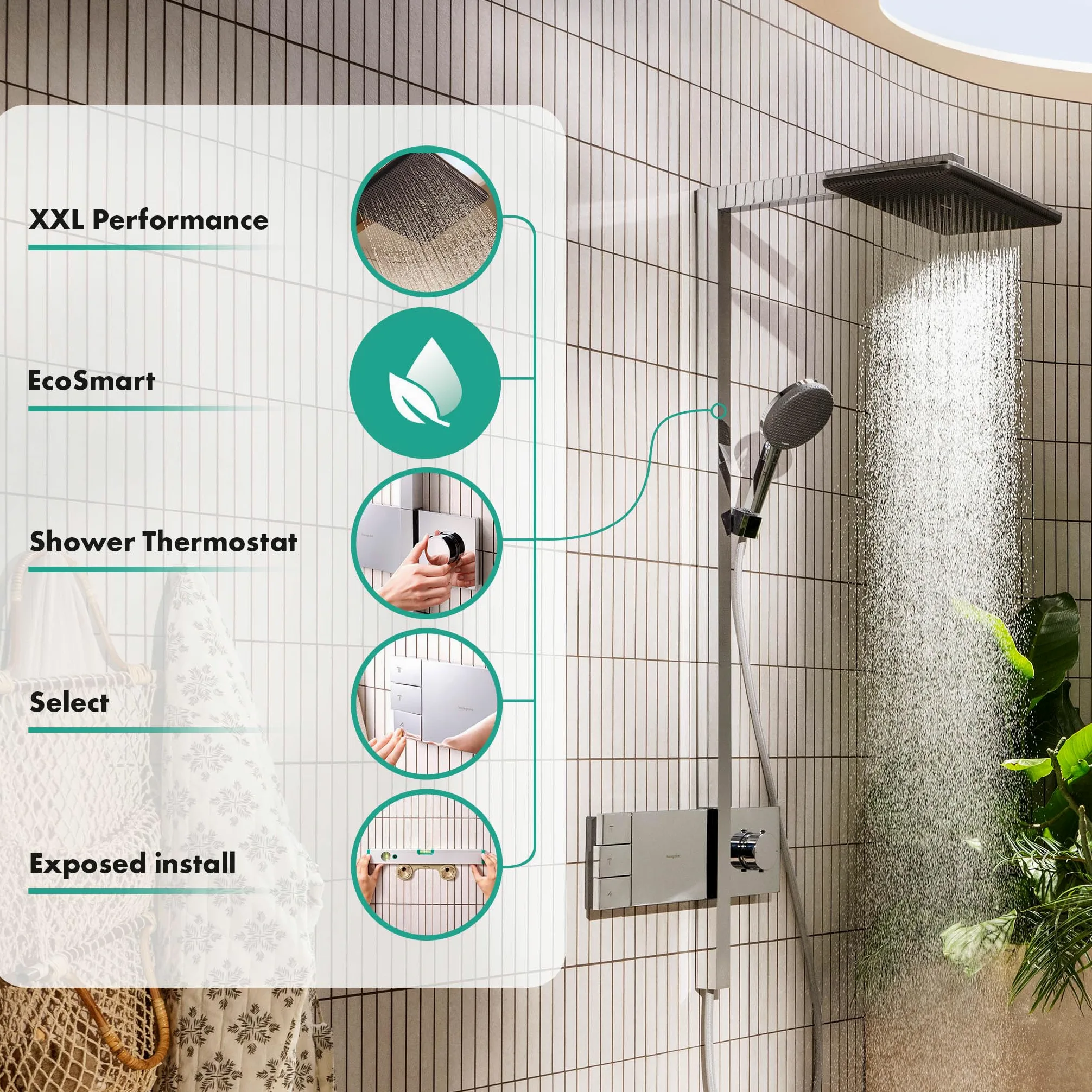 hansgrohe Raindance Alive Q - Colonna doccia a risparmio idrico (EcoSmart) con miscelatore termostatico, Sistema doccia con rubinetto, doccetta, tubo, asta e soffione doccia (2 getti), cromo, 24591000