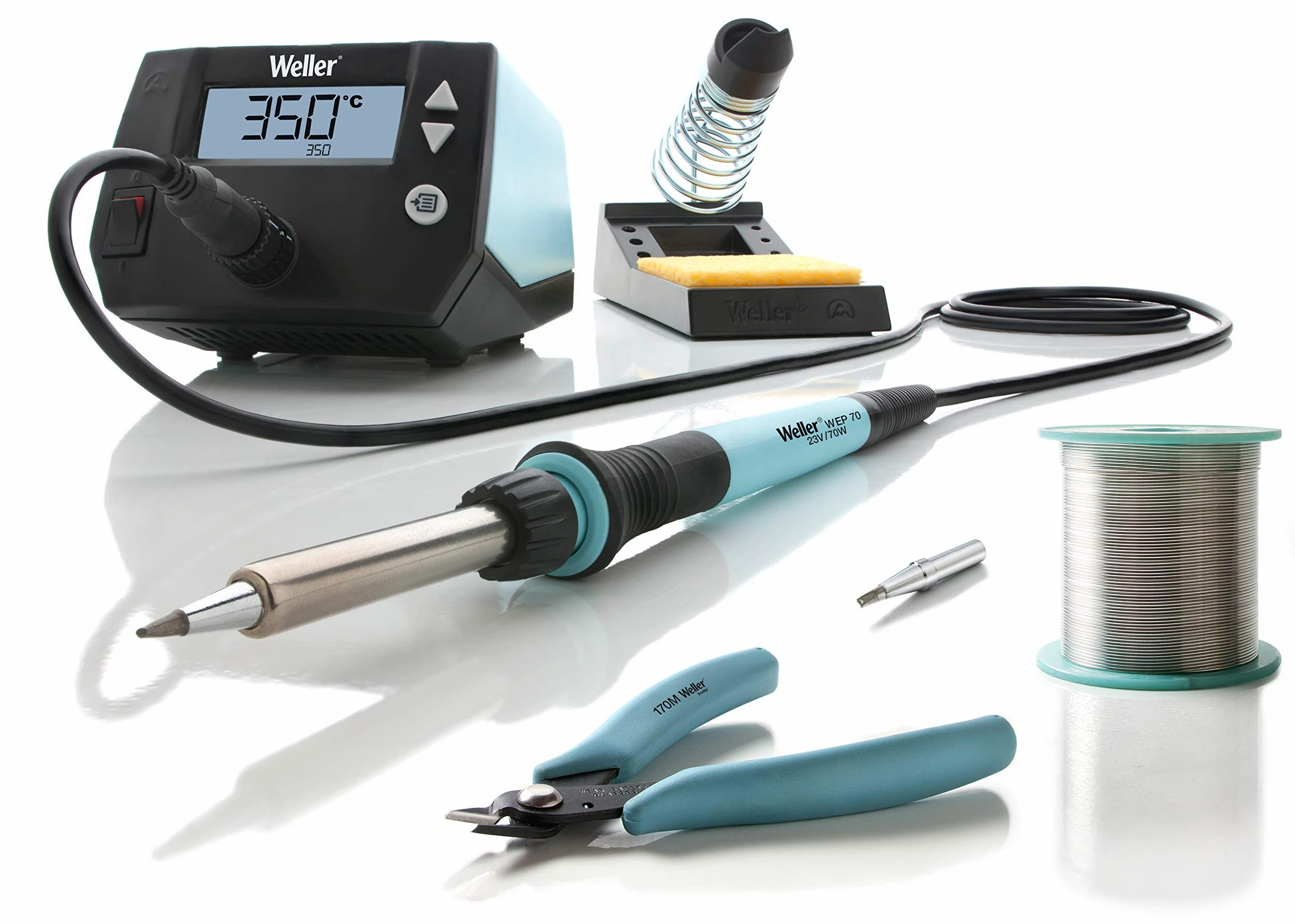 Weller WE 1010 (T0053298390) Kit Stazione di Saldatura Digitale 70W/230V con 2 Punte, Taglierina e Filo di Saldatura, Intervallo di Temperatura 100°C – 450°C