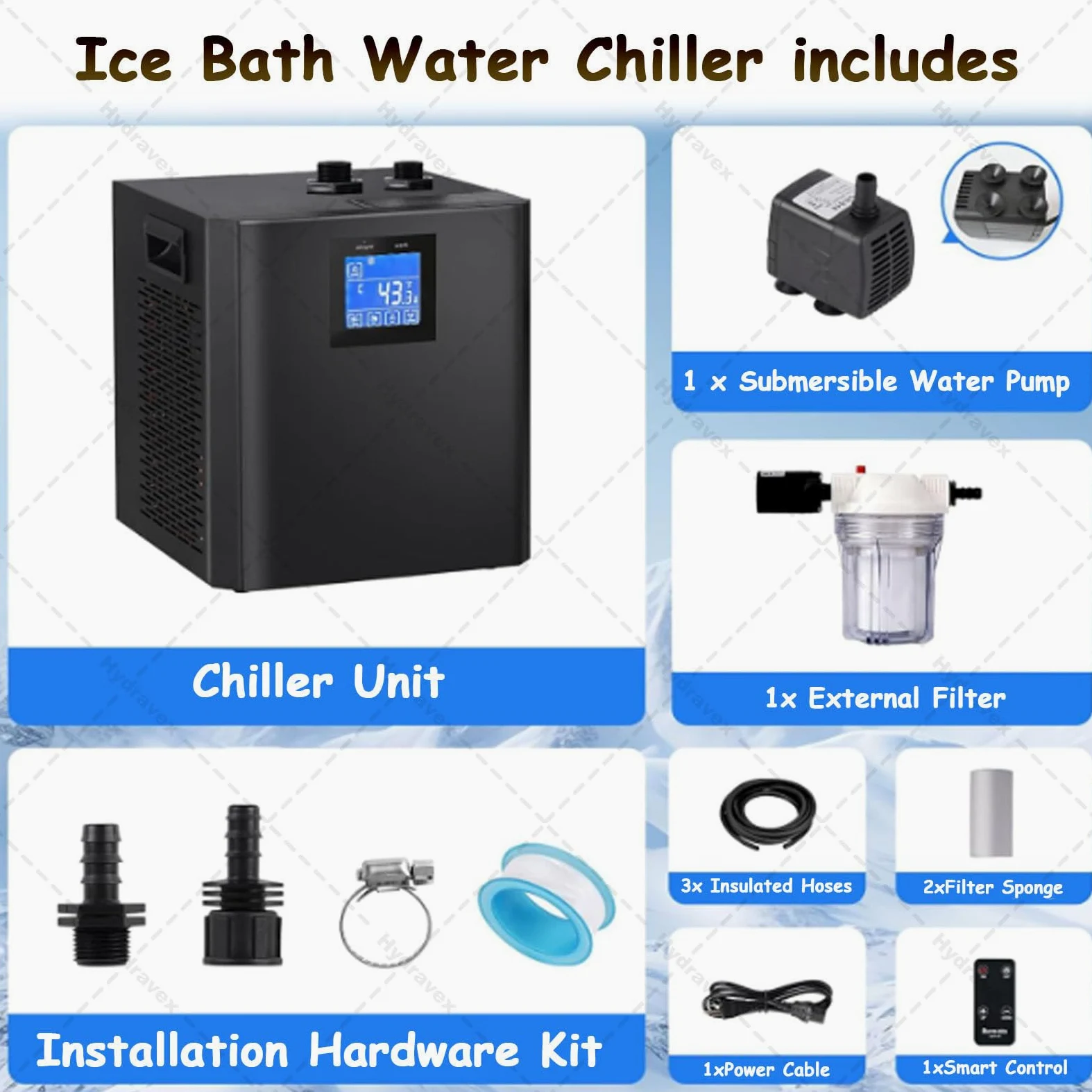 Refrigeratore d'acqua per vasche da bagno di ghiaccio, refrigeratore d'acqua per vasche da bagno di ghiaccio con telecomando e pompa dell'acqua con filtro esterno, per vasche da bagno DoubleWaterPump