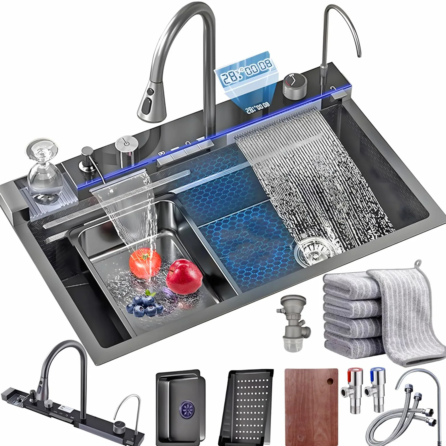 Nero Lavandino Cucina 1 Vasca Multifunzione Kitchen Sink Moderno Acciaio Inox Lavello Cucina Cascata, con Componente Di Drenaggio,Tagliere, Lavatazze, Dispenser di Sapone, Istruzioni (80x45x22cm)