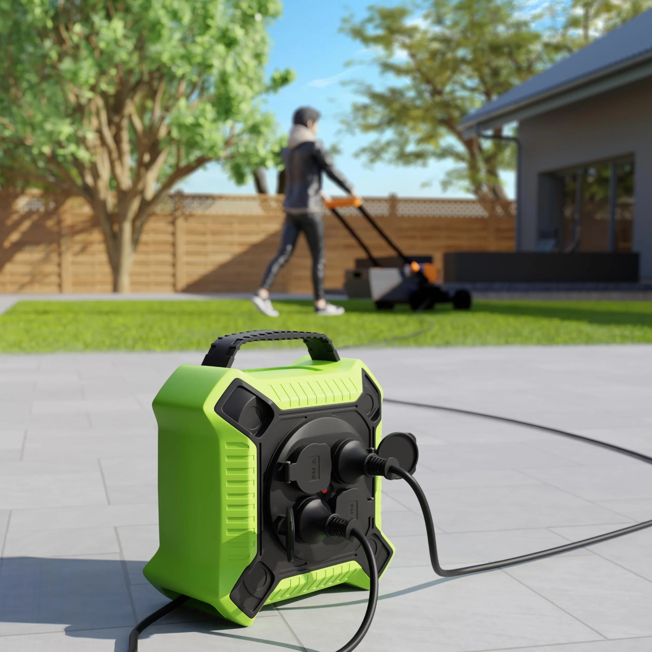 MutecPower Prolunga elettrica 15 metri IP44 Avvolgicavo elettrico SCHUKO con 4 prese di corrente protette per uso esterno, Prolunga avvolgibile 15 metri da esterno H05RR-F 3G1,5 Nero/Verde