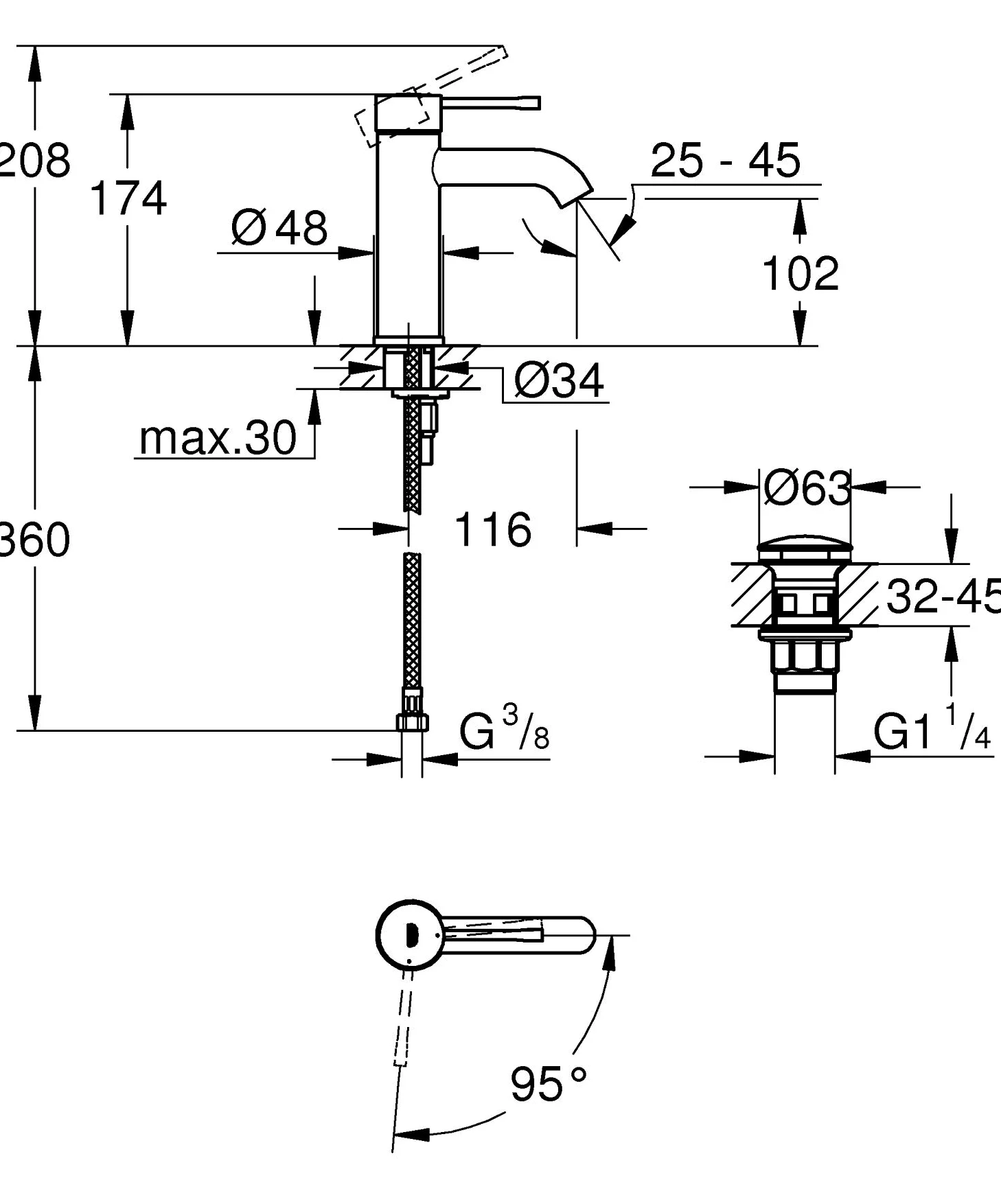GROHE Essence Rubinetto Miscelatore Monocomando per Lavabo, DN 15S, funzione risparmio energetico, Cromato 23797001